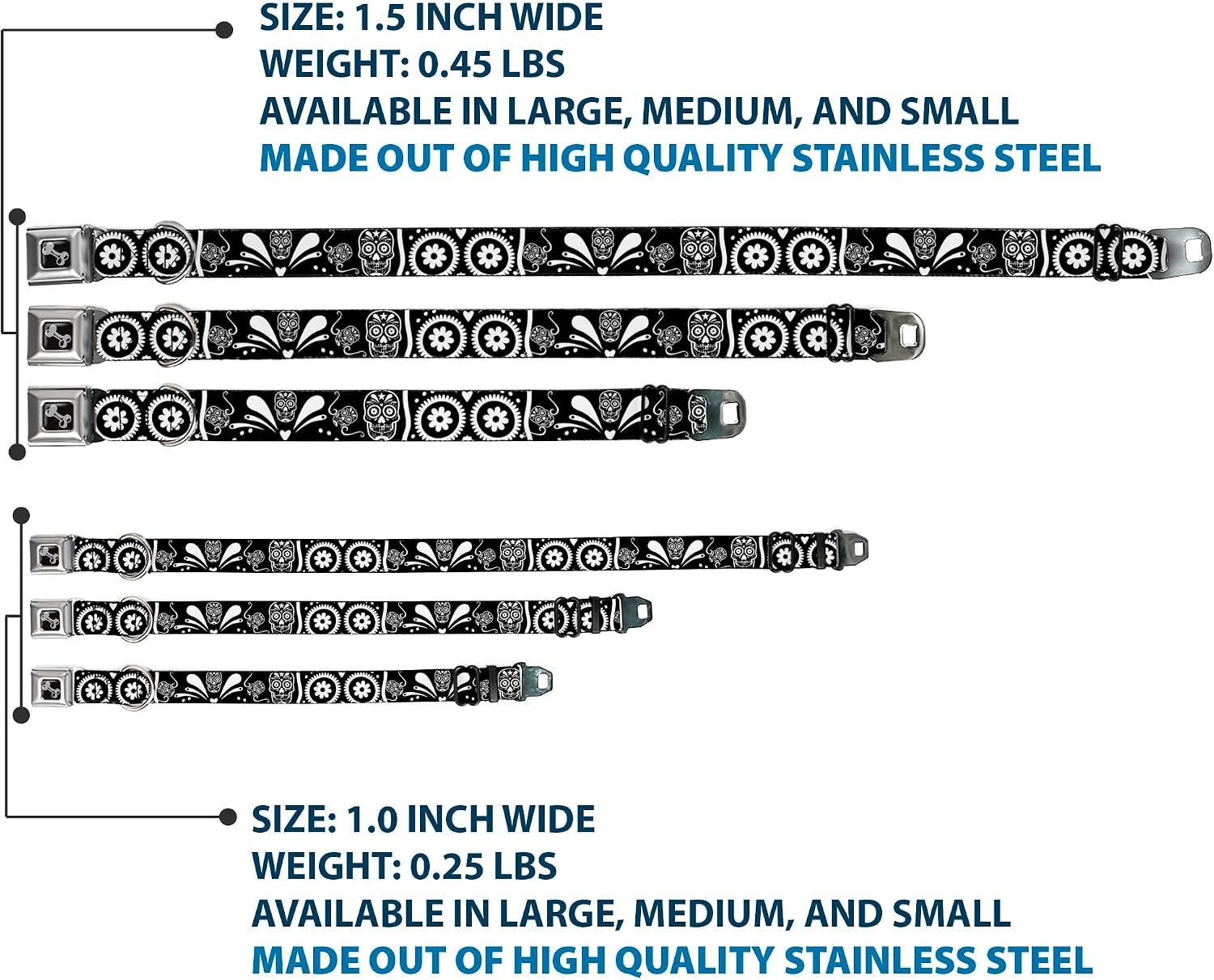 Buckle-Down Dog Collar Seatbelt Buckle Sugar Skulls Black White 9 to 15 Inches 1.0 Inch Wide, S - Fits 9-15" - 1.0" Wide, Multicolor (DC-W31986-S)