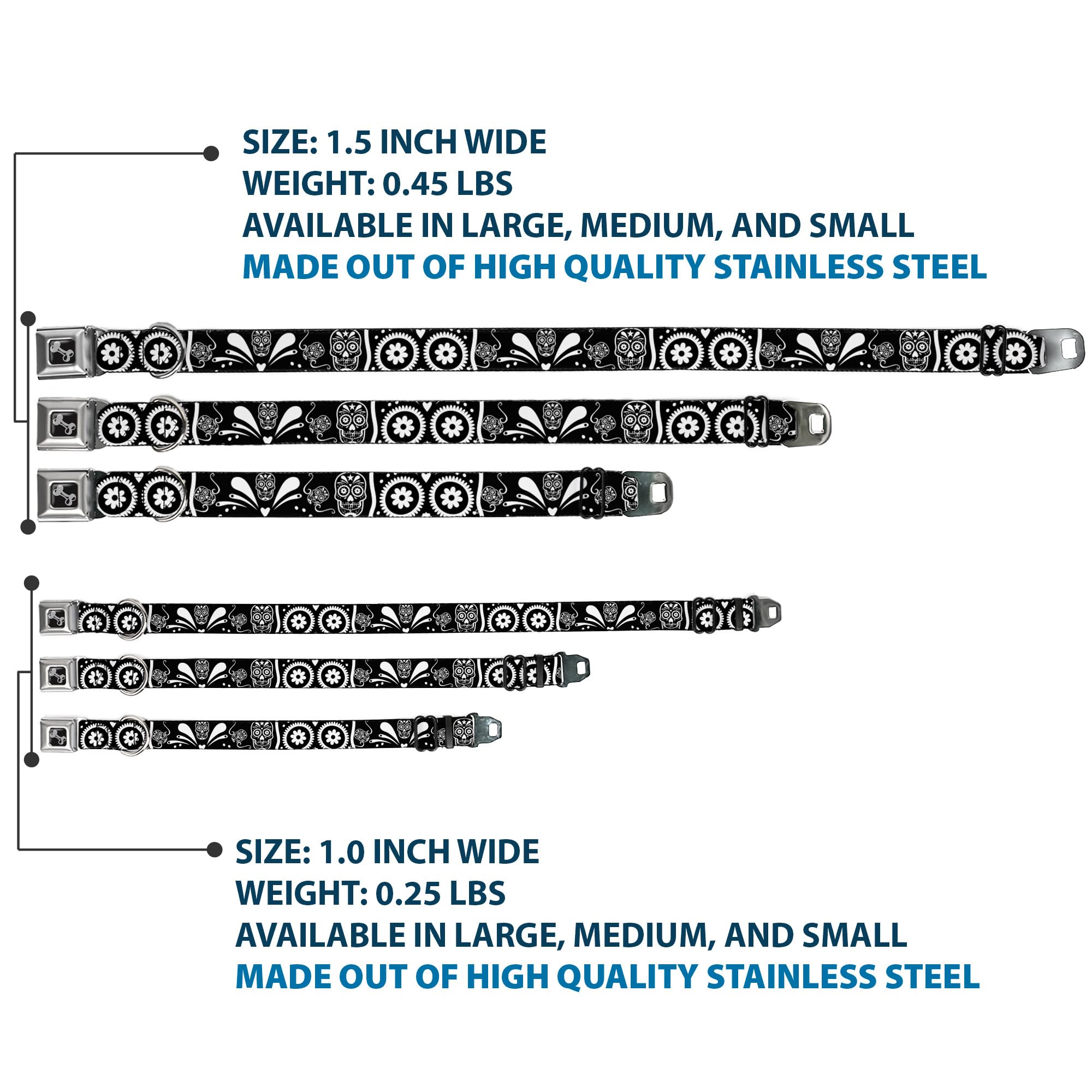 Buckle-Down Obroża dla psa z klamrą pasa bezpieczeństwa - cukrowe czaszki czarne/białe - szerokość 3,8 cm - pasuje na szyję 40-58 cm - rozmiar M