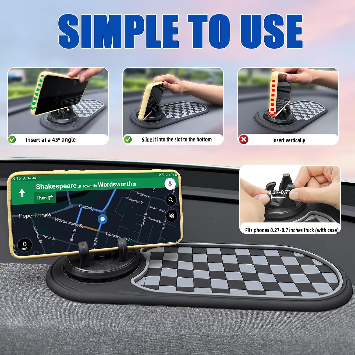 2 Pack Newly Upgraded Anti Slip Mat for Car Dashboard with Improved Phone Holder,Multifunctional Car Anti-slip Mat,360°Rotating Phone Mount,Multi-functional Support Anti-slip Pad for Sunglasses,Keys