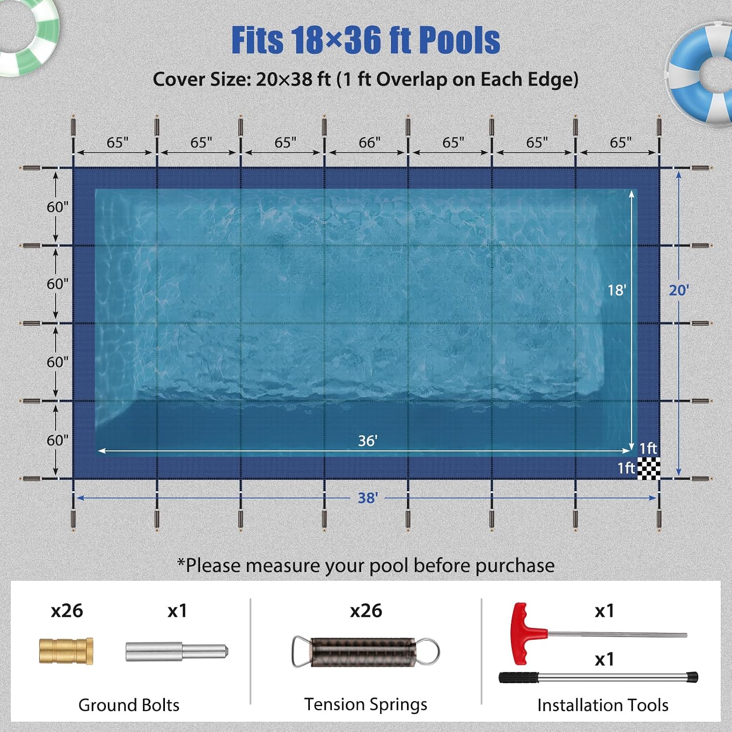 Inground Pool Cover Safety Fits Rectangle Swimming Pool, Mesh Solid Pool Cover for Inground Pools,Winter Pool Safety Cover Includes Safety Net and Installation Tools Blue (Blue, Fits 18x36ft Pools) image 2