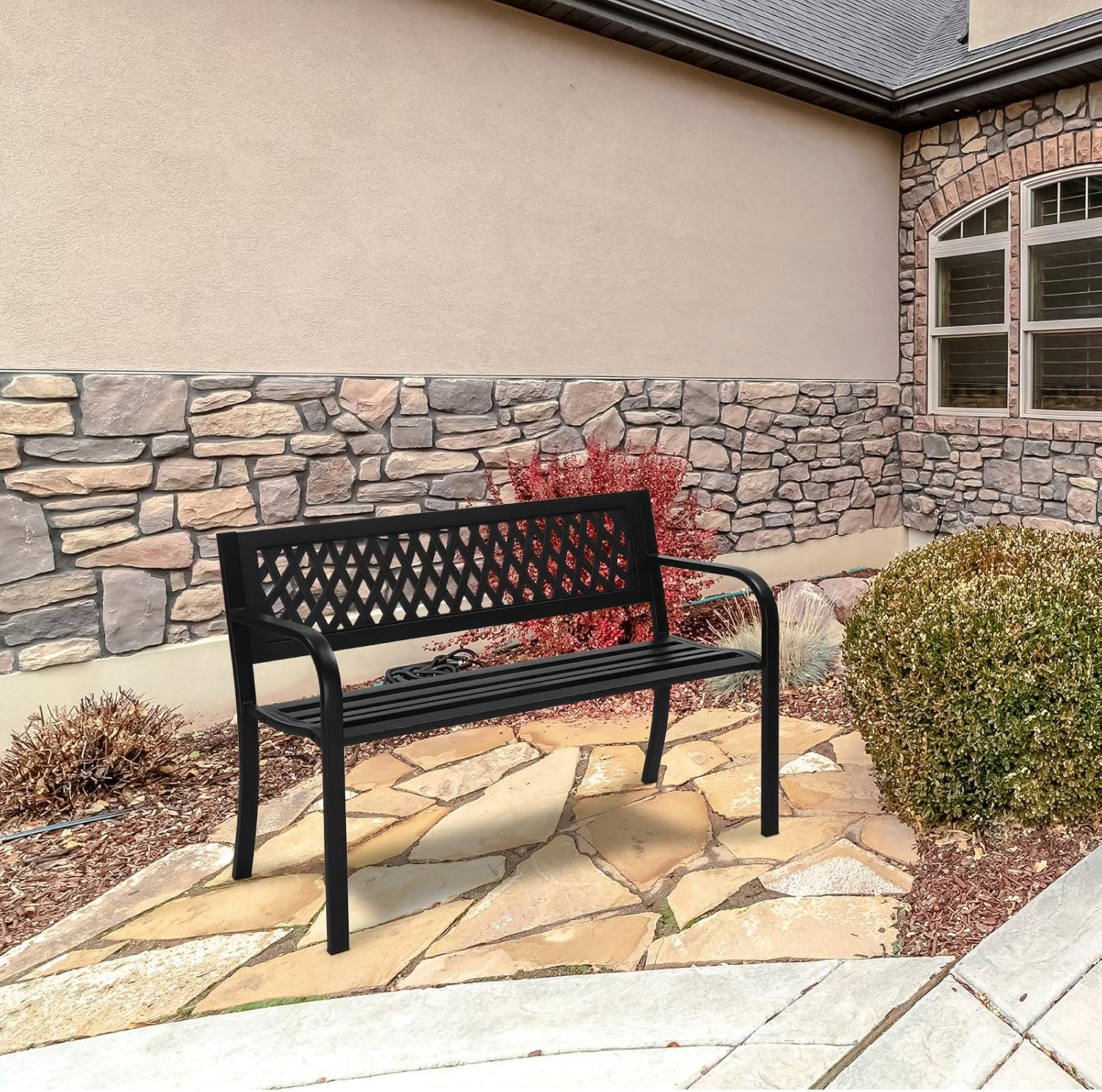 Garden Bench PVC Metal 47 inch Black Outdoor Porch Park Cast Iron Sturdy Terrace