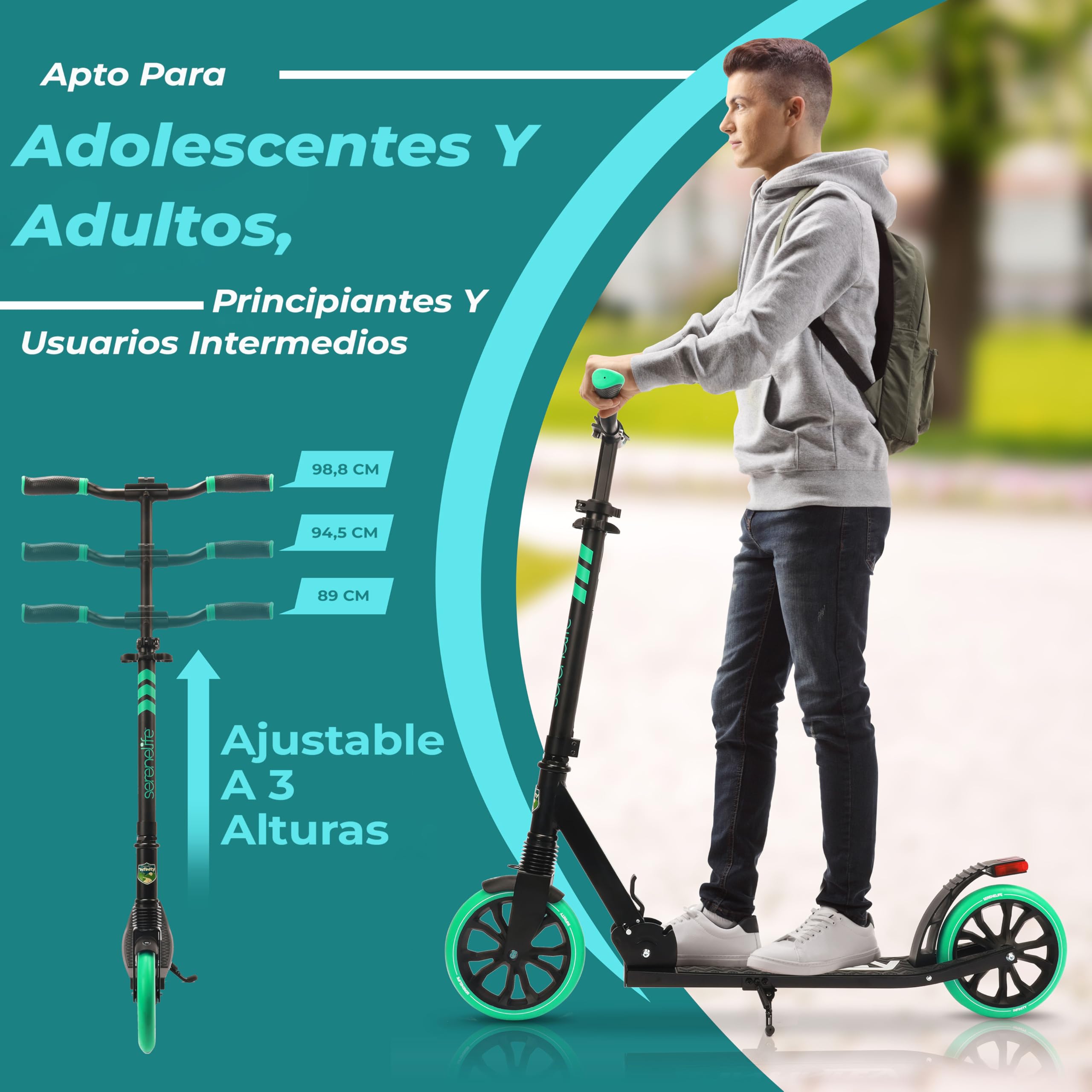 SereneLife Patinete Adolescentes, con Luces, Plegable, Ajustable, Adultos, Freno Manillar, Dos Ruedas, Barra en T, Facil maniobra