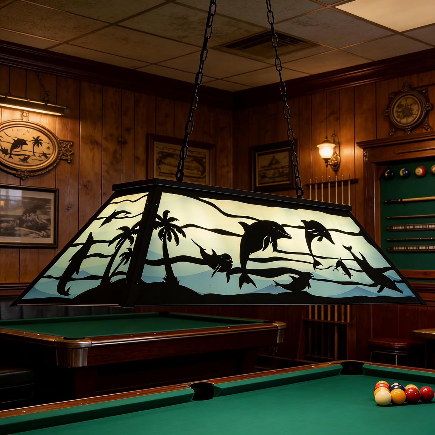 Wellmet Tiffany Pool Table Light 4 Lights, Game Room Billiard Table Lights, Modern Dining Room Chandeliers for Kitchen Island, Cabin, Dolphin Style (Blue)