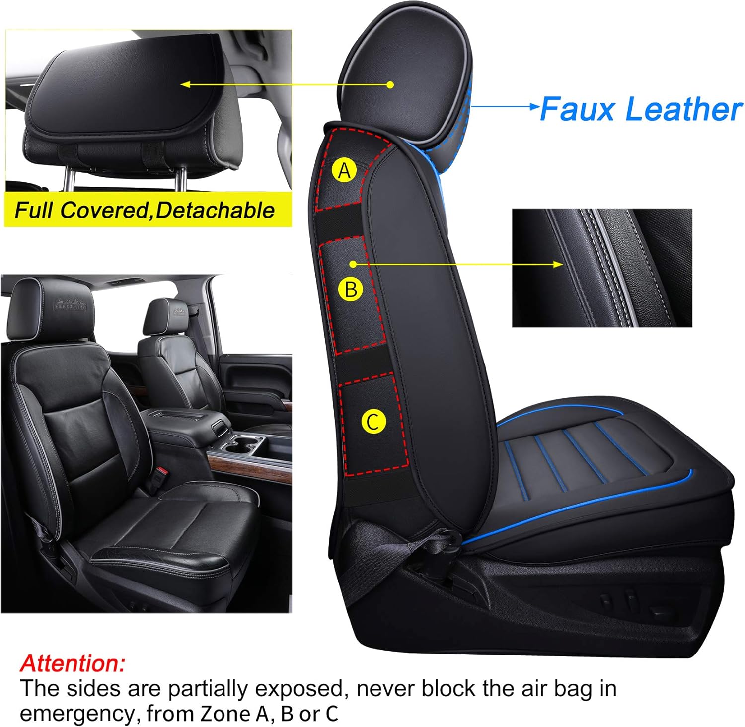 LUCKYMAN CLUB Silverado Seat Covers Fit for 2007-2023 2024 2025 Chevy Silverado Sierra 1500 2500 3500 Crew,Double,Extended Cab with Water Proof Faux Leather (Black & Blue Full Set)