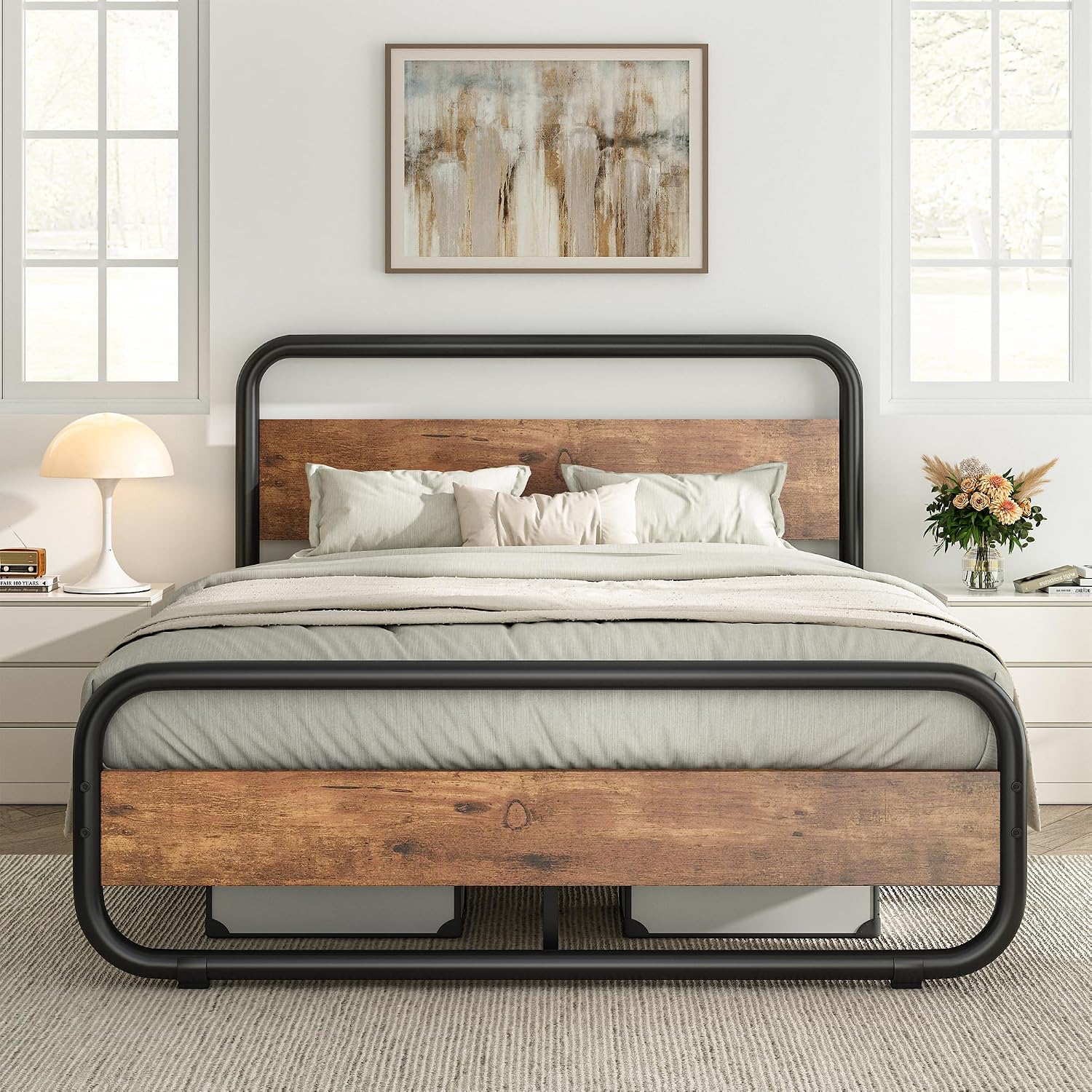 Catrimown Queen Bed Frame with LED Lights, Heavy Duty Metal Rustic Platform Bed Frame Queen Size, with Headboard, Under Bed Storage, Noise Free, No Box Spring Needed, Rustic Brown