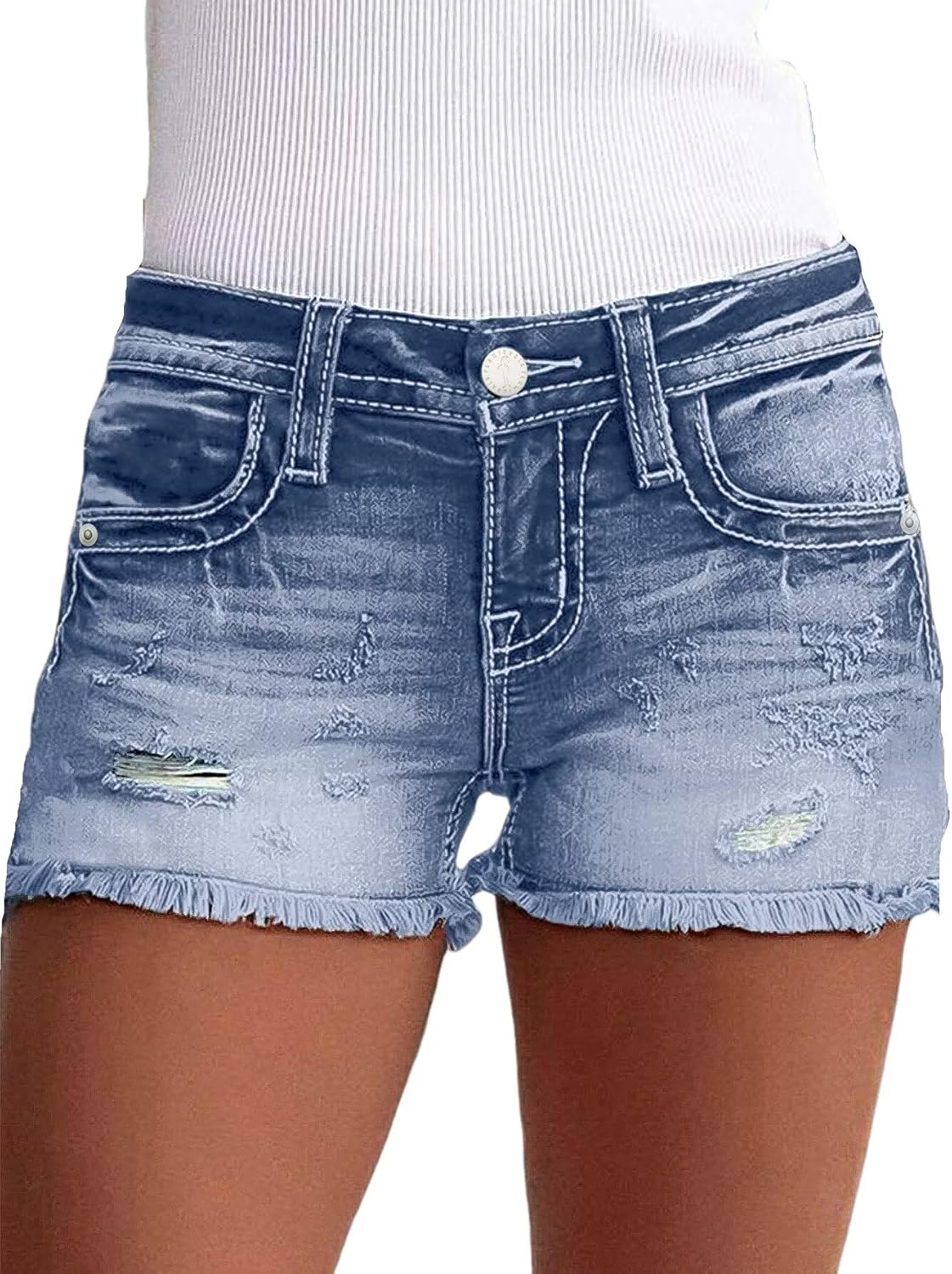 Flamingals Jean Shorts for Women Mid Waisted Stretchy Ripped Denim Shorts Raw Hem Curvy Summer Trendy