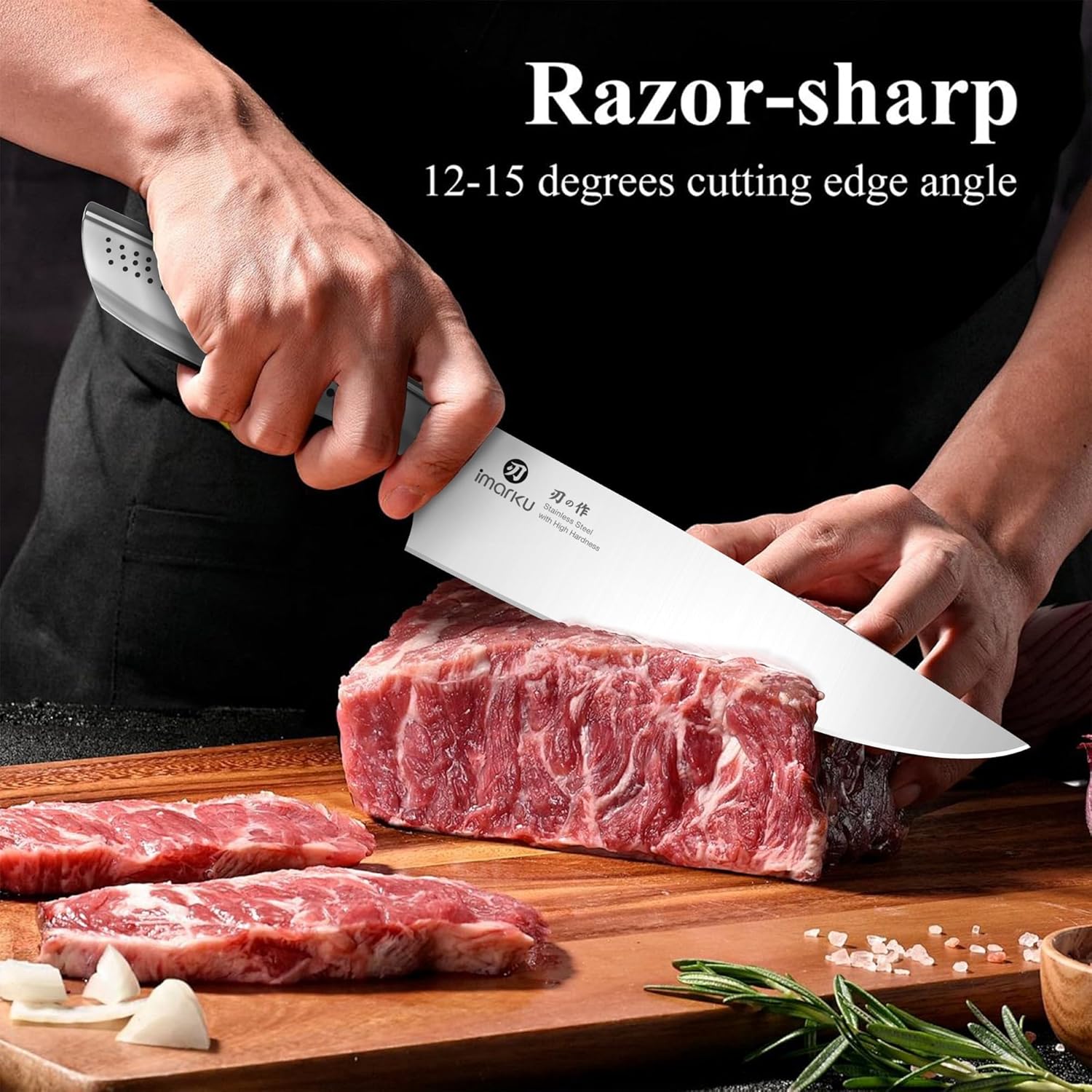 imarku® Kitchen Knife Set, 15 Pcs Japanese Knife Set with Block, Premium Razor-Sharp Chef Knives Set for Kitchen with Sharpener, Rust-Proof, Ergonomic Full-Tang Handle, Black