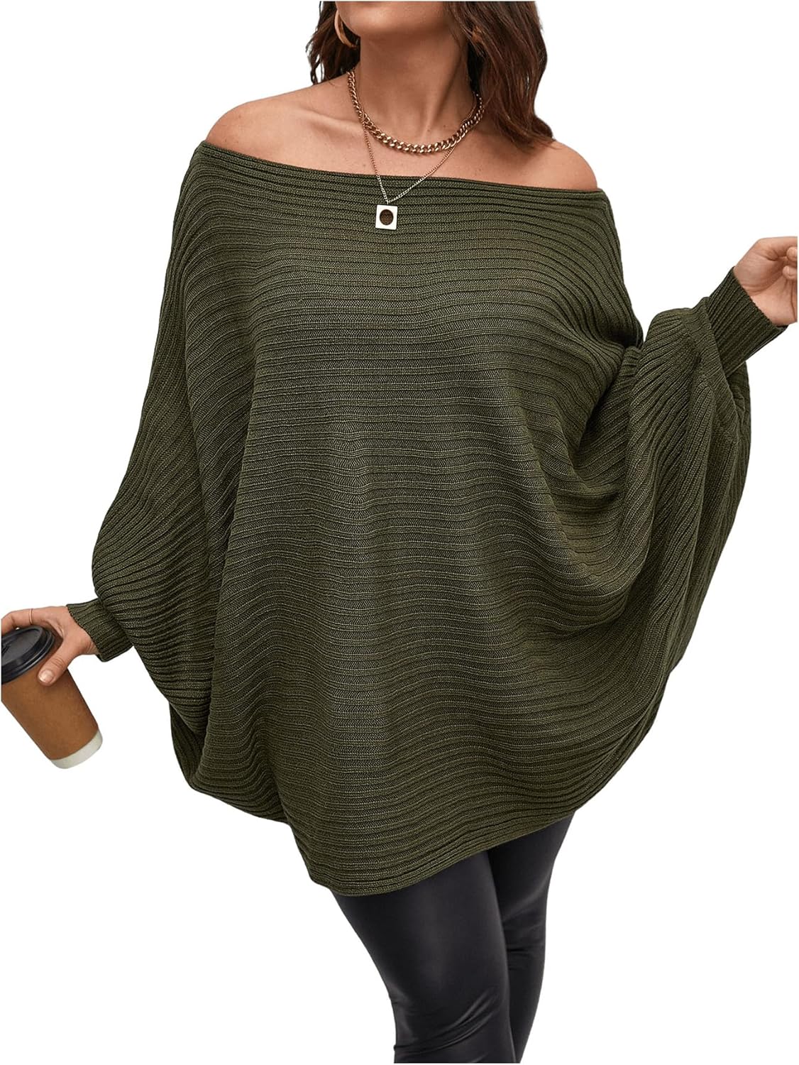 WDIRARA Women's Plus Size Off The Shoulder Long Sleeve Sweater Pullovers