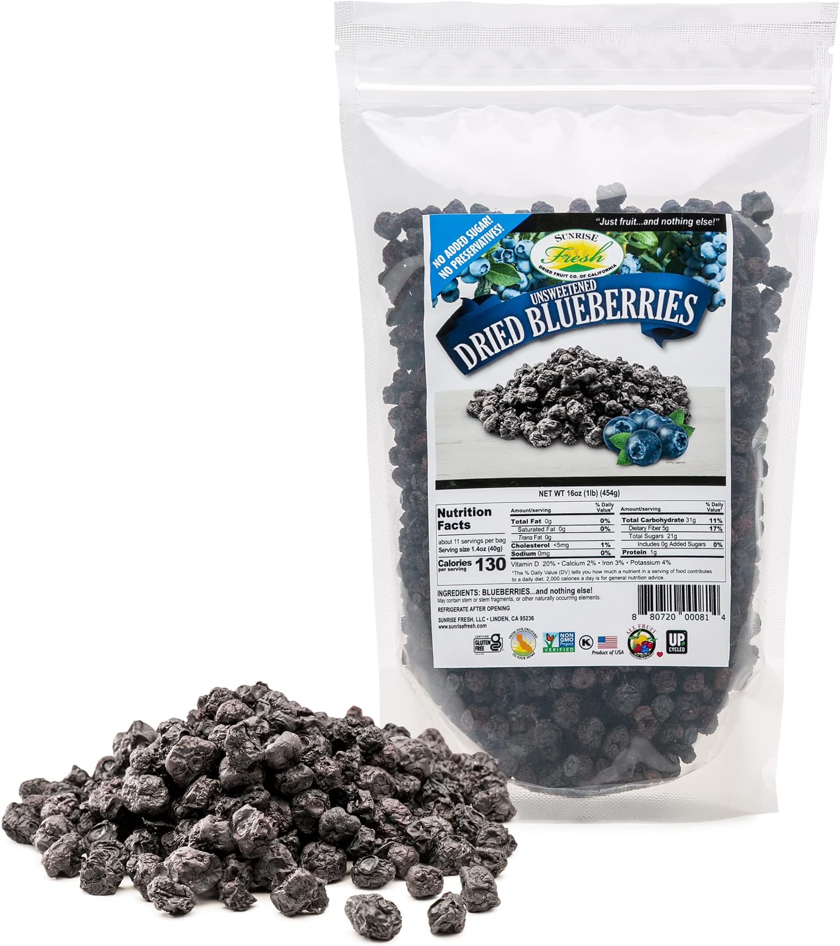 Sunrise Fresh Dried Blueberries, 1lb. Bag - No Sugar Added, Dehydrated Fruit for Baking, Healthy Snack