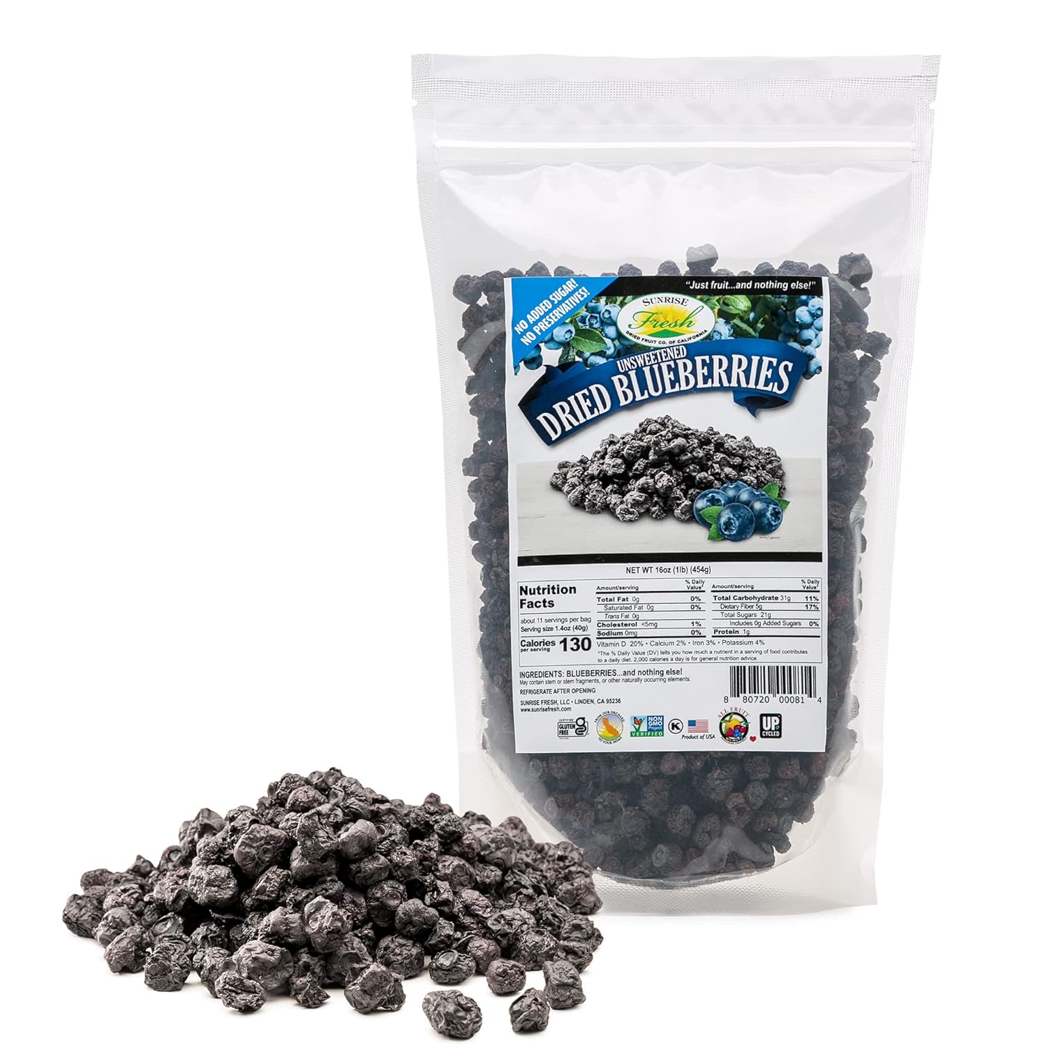 Sunrise Fresh Dried Blueberries, 1lb. Bag - No Sugar Added, Dehydrated Fruit for Baking, Healthy Snack