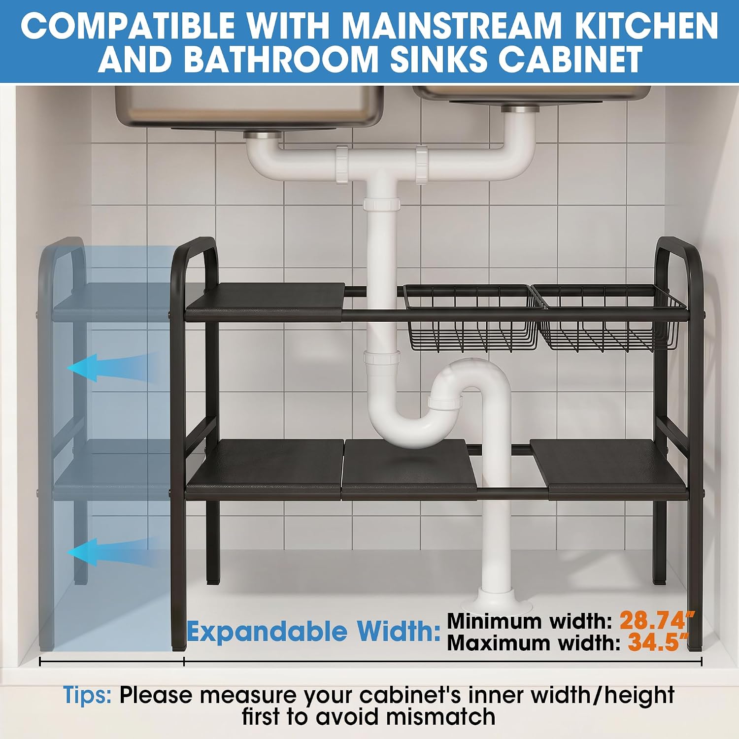 Expandable 2 Tier Under Sink Organizer, Black, 28.74-34.5 Inch Width | For Kitchen and Bathroom, 2 Storage Baskets, 6 Removable Panels, Adjustable Height Metal Shelf, Fits Pipes