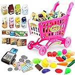 deAO Kids Shopping Cart Trolley for Groceries Toddlers 65 Food Fruit Vegetables Pretend Play Food Role Play Educational Toy Play Kitchen Toys Store Playset (Pink)
