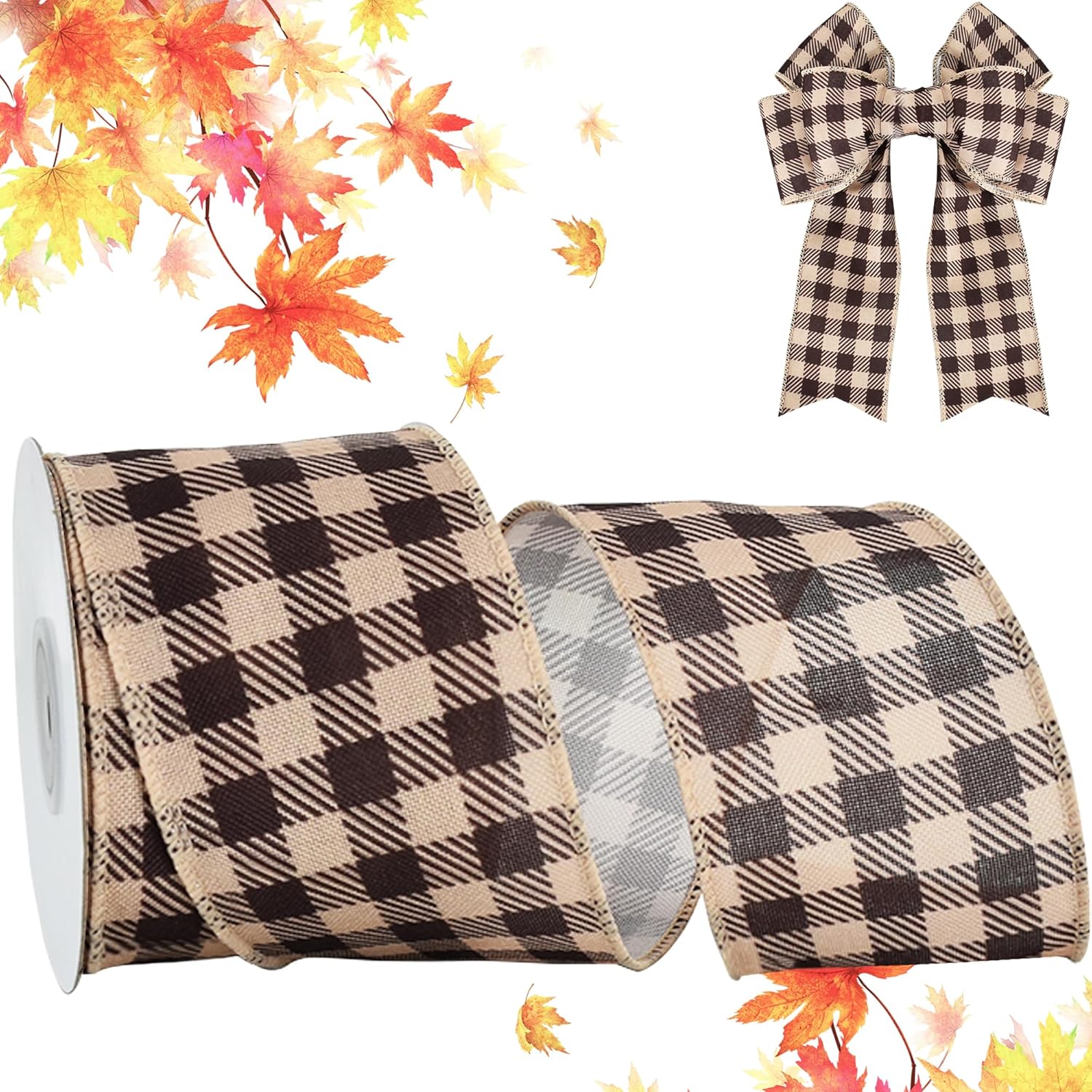 Thanksgiving Fall Wired Edge Ribbon, 2.5 Inch 10 Yard Coffee Lattice Decorative Ribbon for Craft, Wreath Bow, Gift Wrapping, Party Decor