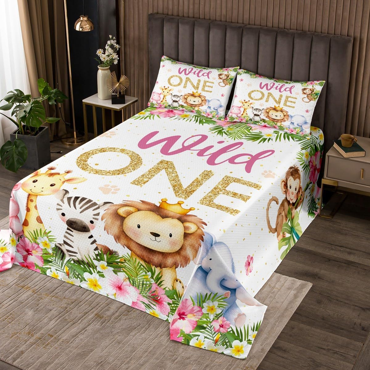 Erosebridal Highland Cow Theme Coverlet Set Twin Size Wildlife Safari Bedspread for Kids Boys Girls Wooden Plank Rose Nature Rustic Funny Animal Brown Cowboy Quilted