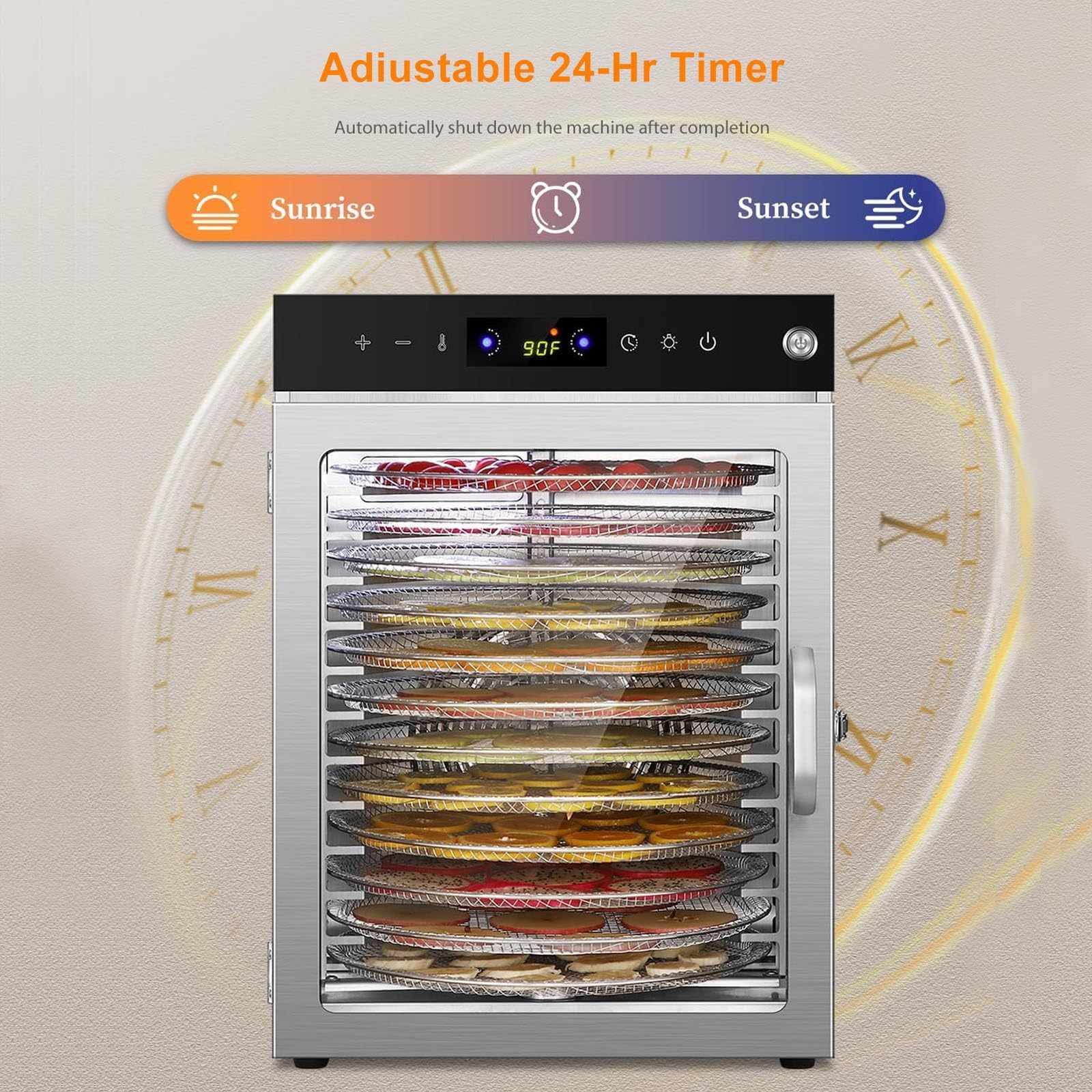 Deshidratador De Alimentos, Secador De Frutas De Acero Inoxidable, Secado Giratorio De 360°, Ajuste De Temperatura De 30 a 90 °C, Ajuste Del Temporizador De 24 Horas, Para Frutas, Verduras, Carne