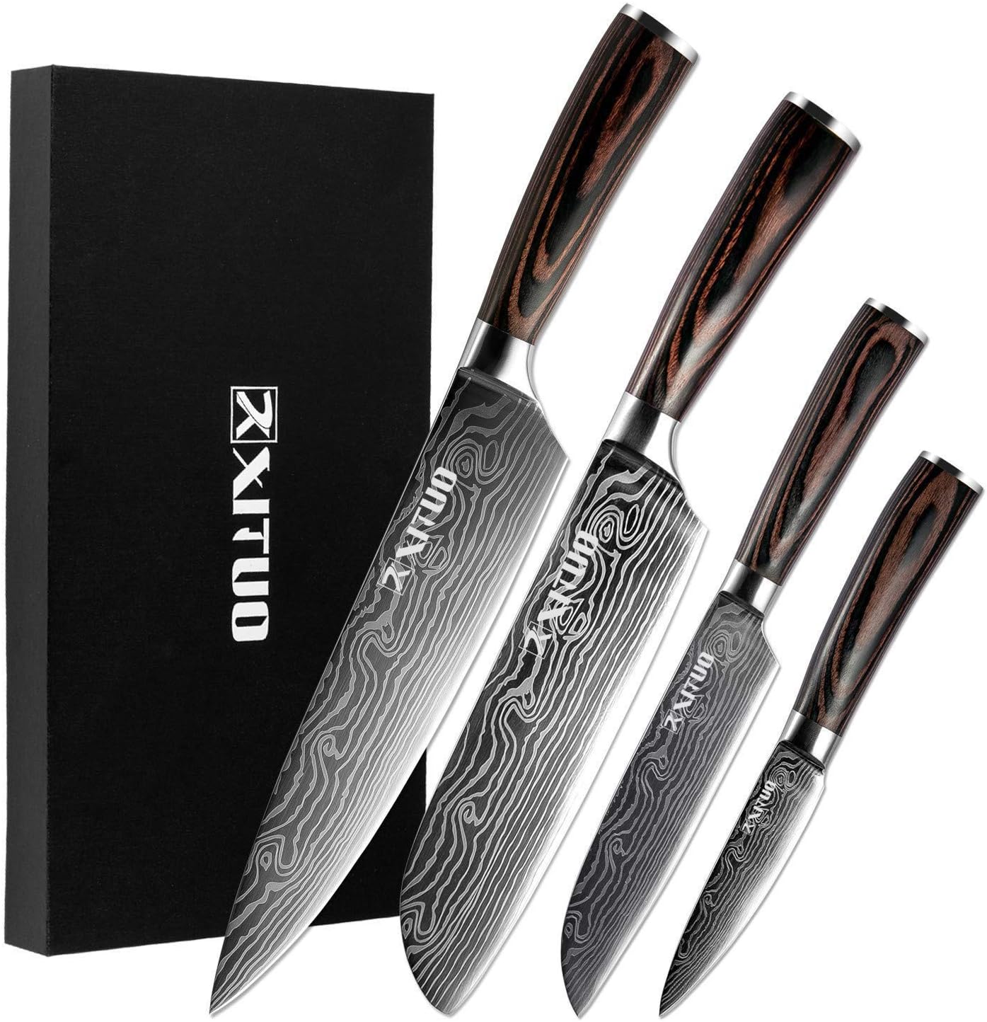 XITUO Kitchen Knives Set, 4pcs High Carbon Stainless Steel Chef Knife Set - Chef Knife, Santoku Knife, Utility Knife, Paring Knife with Razor Sharp Blade and Ergonomic Handle