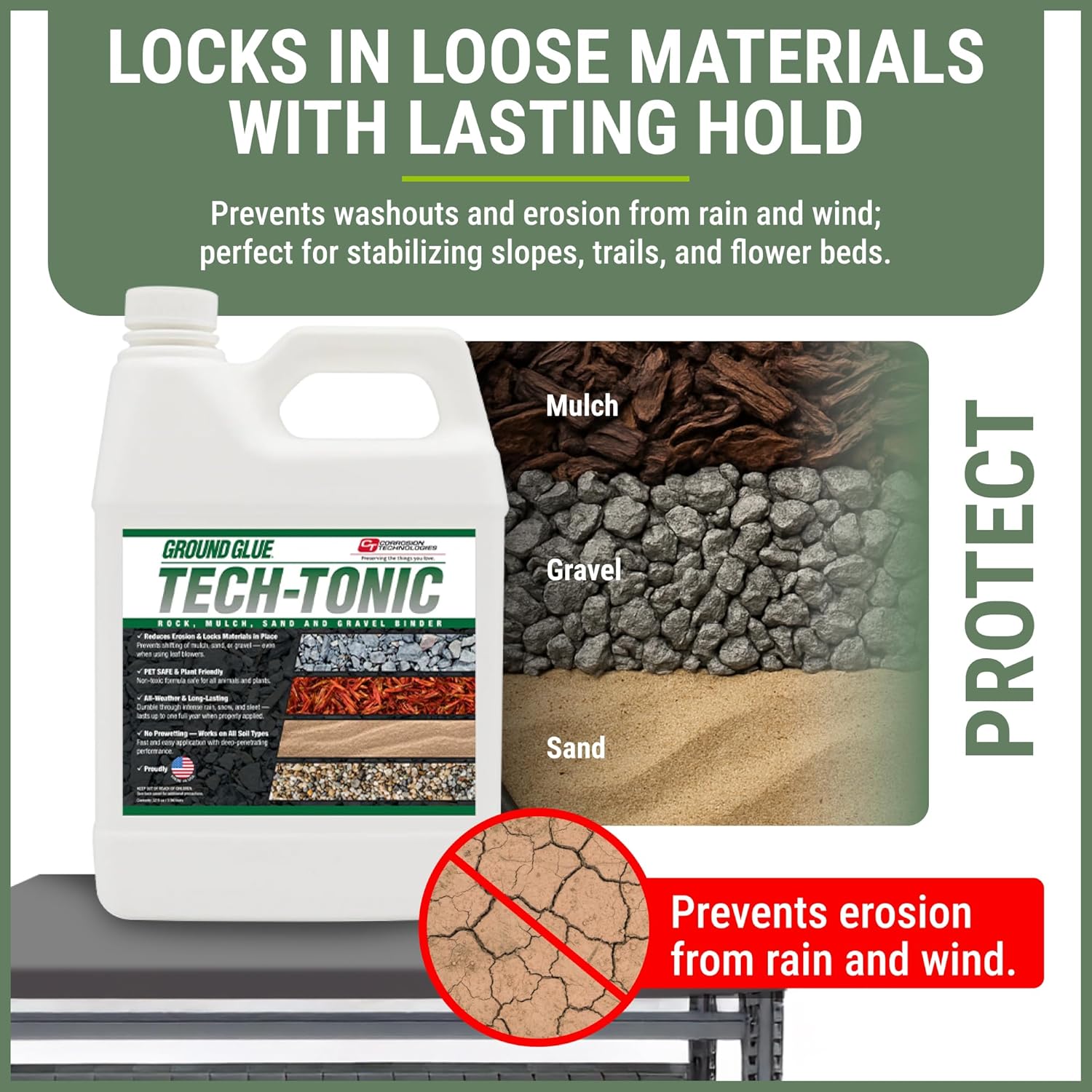 Ground Glue Tech-Tonic Landscape Adhesive, 32 Fl. Oz., for Rock, Mulch, and Sand, Weatherproof Long-Lasting Stabilizer for Trails & Slopes, Pet-Safe Binder for Pea Gravel, Bark & Flower Beds