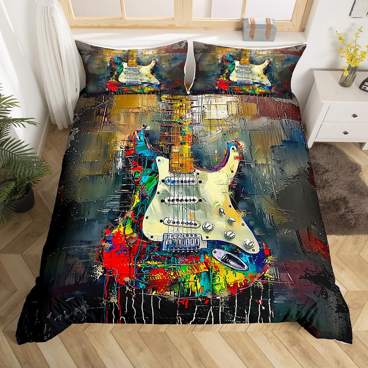 Feelyou Music Bedding Set Full Size Boys Girls Musical Note Duvet Cover for Kids Women Men Ultra Soft Music Lover Comforter Cover Set Black White Bedspread Cover Room Decor Bedclothes Zipper