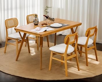 CIMOTA Rattan Dining Chairs Set of 4, Farmhouse Boho Kitchen Chairs with Sherpa Cushion, Woven Cane Back and Solid Wood Legs, Upholstered Dining Room Side Chairs Bcoule White