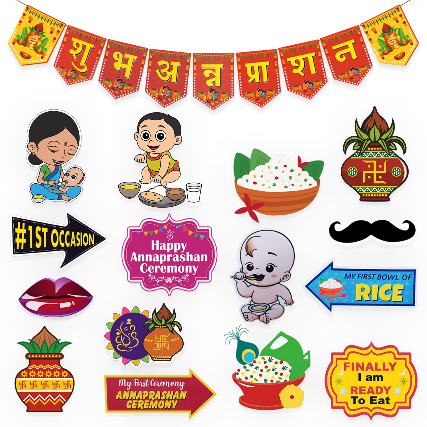 Rozi Decoration Annaprashan Combo Kit, Baby First Rice Ceremony Decoration Set with Banner and Photo Props, 16 Pieces-image-39