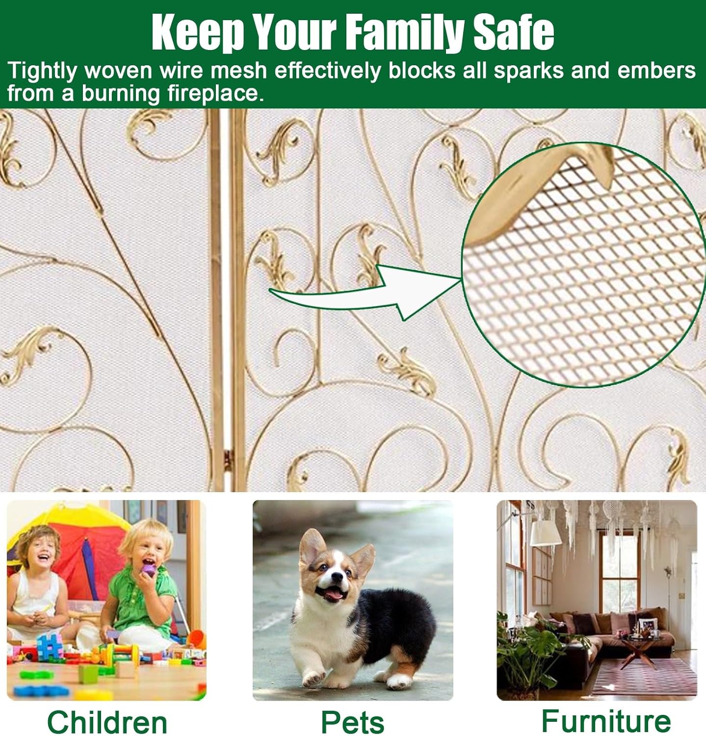 3-Panel Metal Fireplace Screen, Pet Safe Spark Guard with Scroll Gate, Mesh Fireguard Cover for Furnace, Decorative Fire Safety Barrier, Durable & Stylish Design