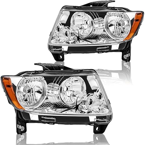 Headlights Assembly Pair for 2011-2013 Jeep Grand Cherokee / 2011-2017 Jeep Compass Halogen Headlamps Replacement Driver and Passenger Side (RH LH),Chrome Housing Amber Reflector
