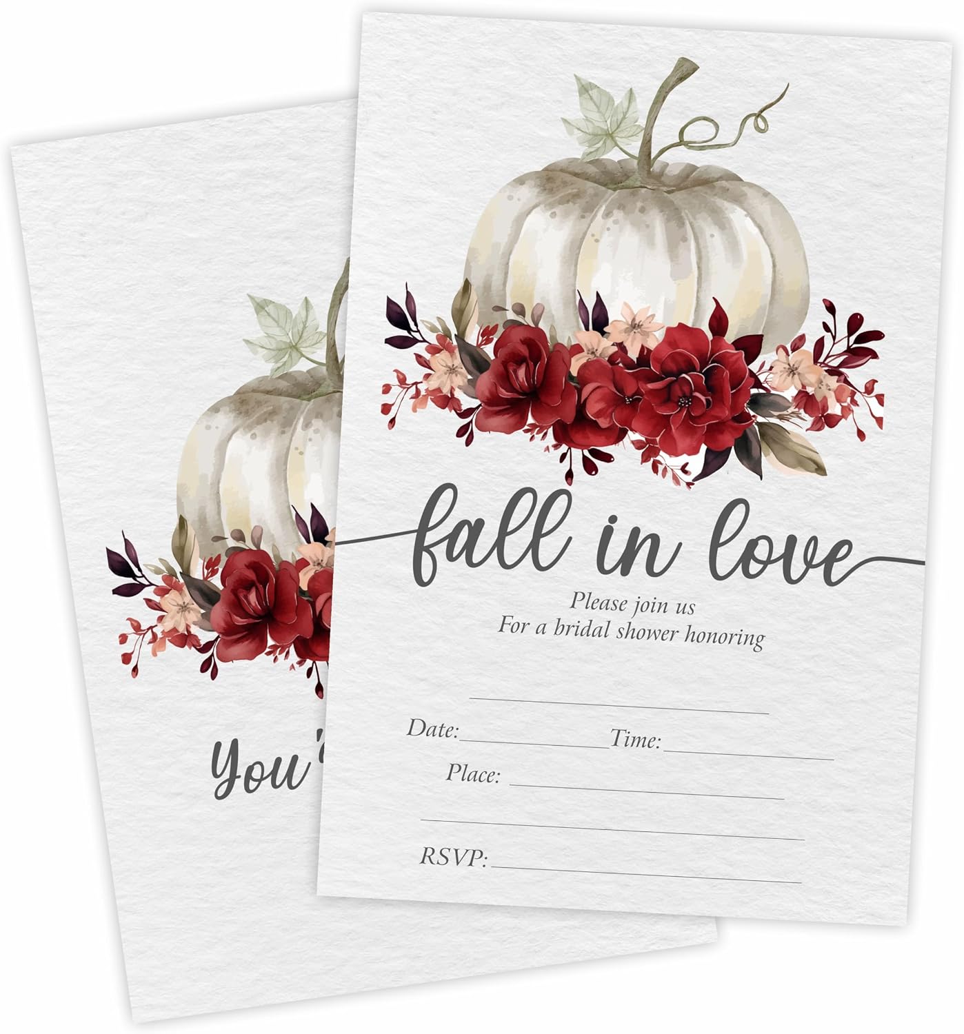 Pumpkins & Floral Bridal Shower Invitations - Fall In Love - 4 x 6 Inches Invites (25 Cards & Envelopes) For Wedding Showers, Newlyweds Parties And Receptions - A14