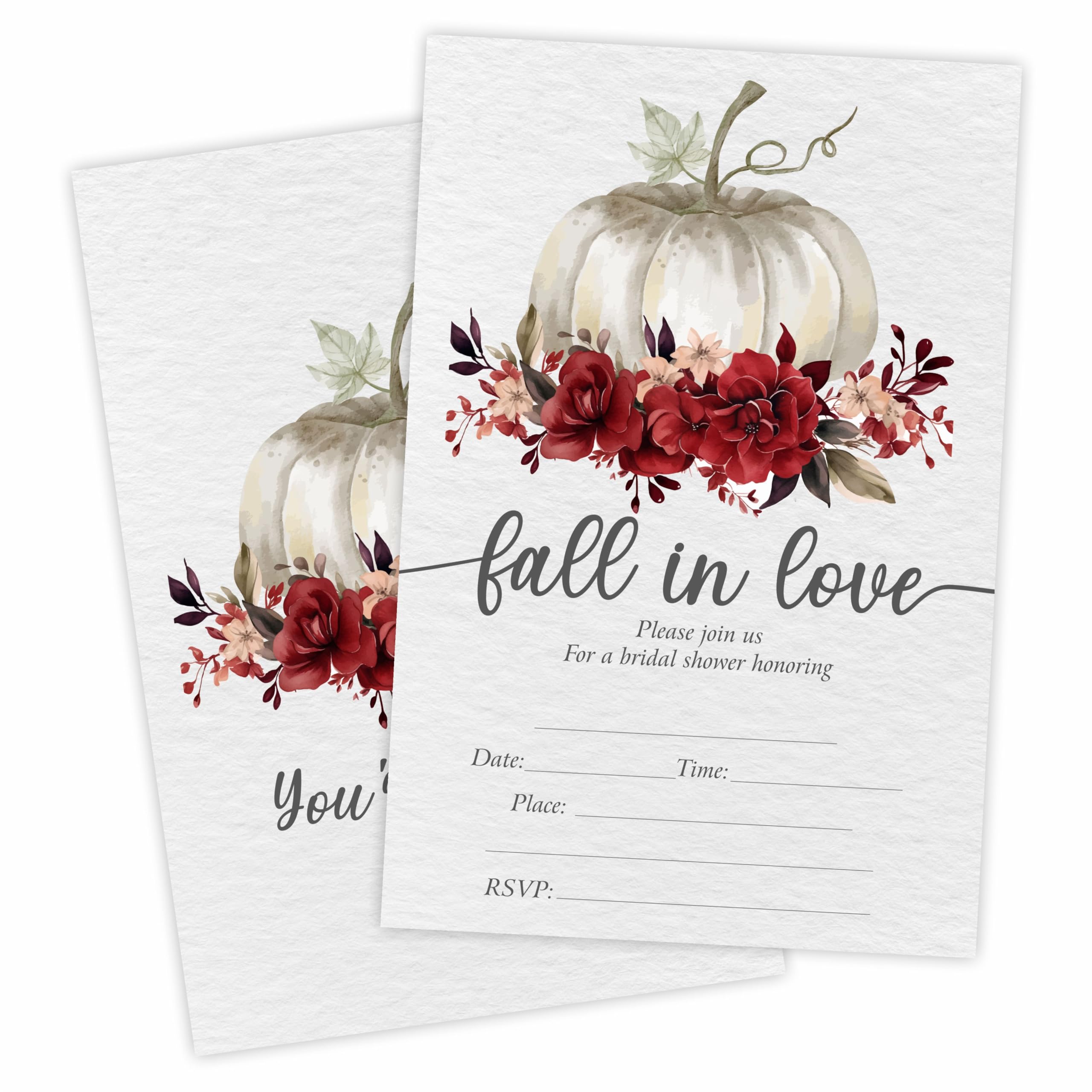 YKYENR Pumpkins & Floral Bridal Shower Invitations - Fall In Love - 4 x 6 Inches Invites (25 Cards & Envelopes) For Wedding Showers, Newlyweds Parties