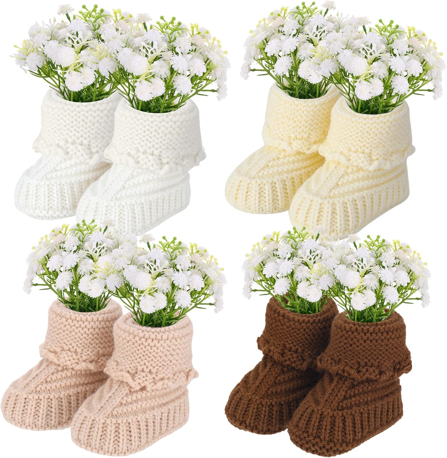 4 Set Baby Shower Table Centerpieces Decorations Knitted Mini Baby Booties with Artificial Flowers Bouquet Boho Table Centerpieces for Baby Shower Gender Reveal Party Decorations (Classic)