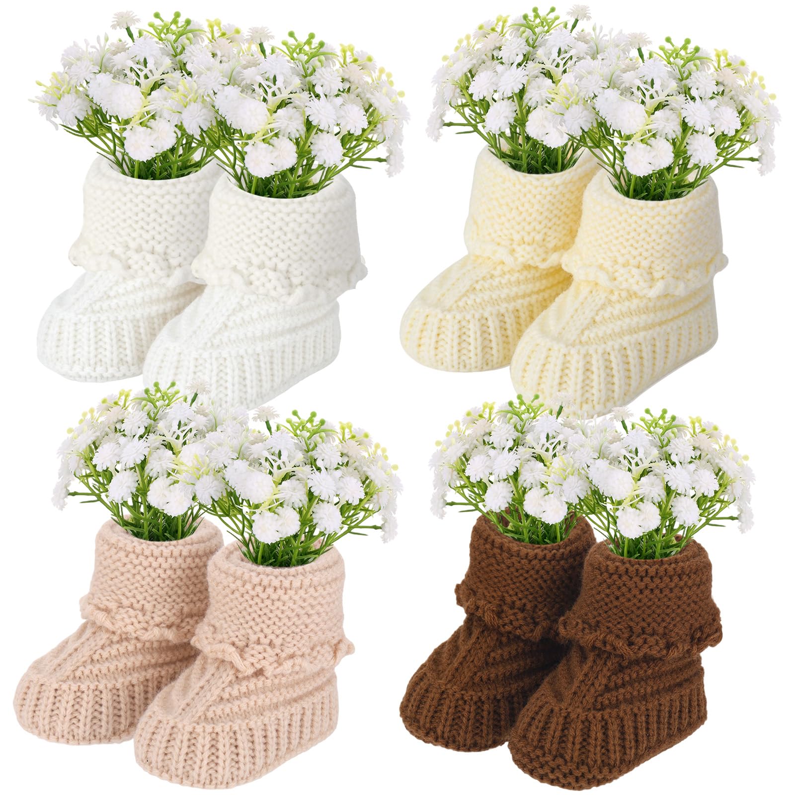 Photo 1 of 4 Set Baby Shower Table Centerpieces Decorations Knitted Mini Baby Booties with Artificial Flowers Bouquet Boho Table Centerpieces for Baby Shower Gender Reveal Party Decorations (Classic)