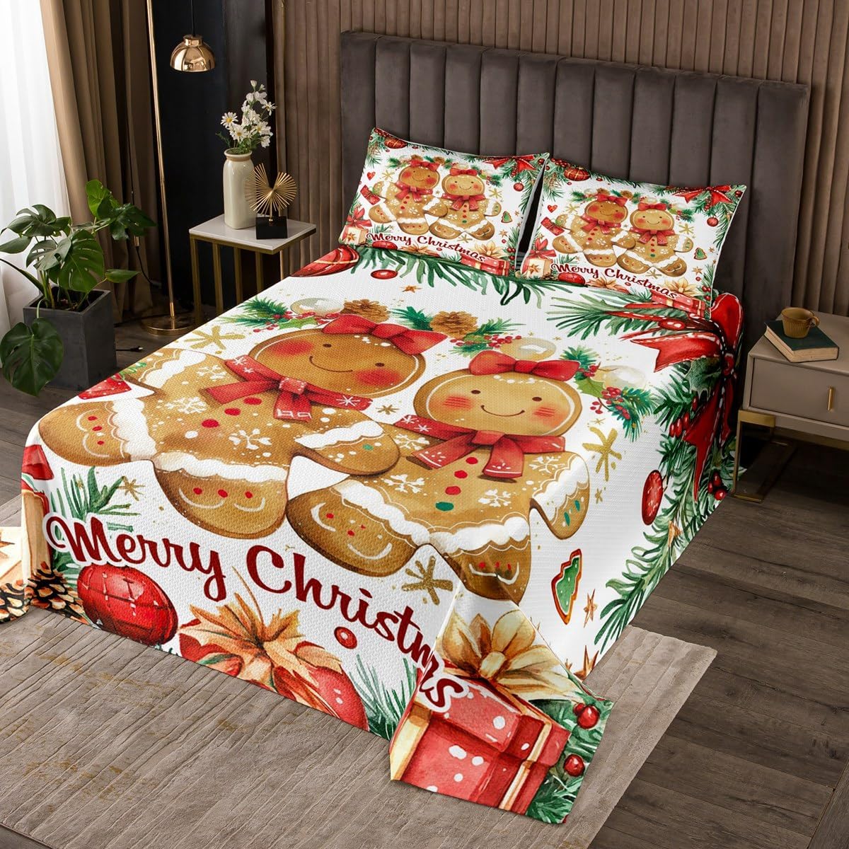 Erosebridal Gingerbread Man Quilt Set Queen Size for Kids Teens Adults,Merry Christmas Coverlet Set,Happy New Year Bedspread Set,Kawaii Red Bow Bed Cover Bedroom Decor