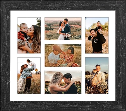 Gaevuian 13.5X15.5 Picture Frames Collage with 7 Openings 4X6 Pictures, Multi Photo Frame with Mat for Wall Hanging Decor,Black Wood Grain