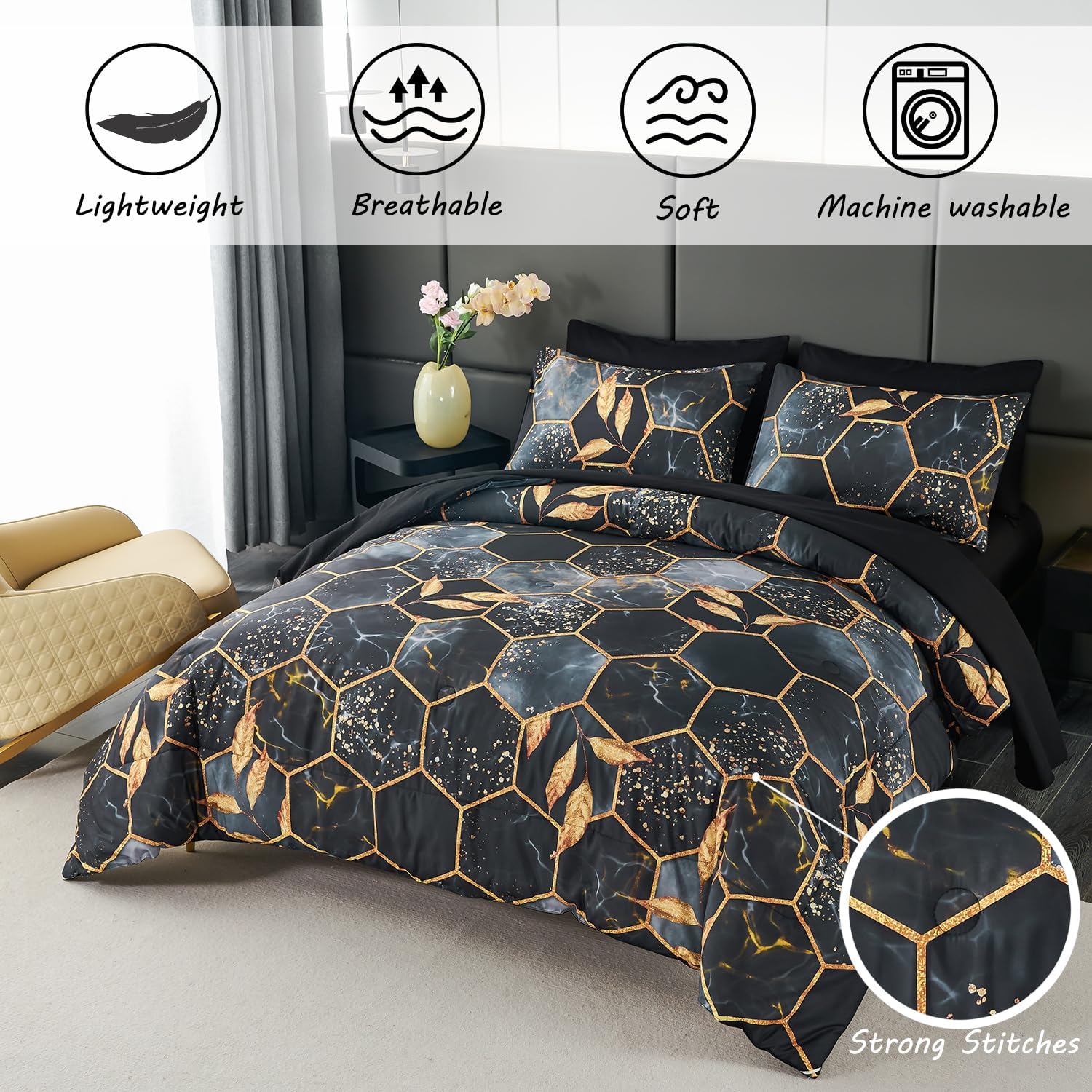 ZRNBAST Hexagon Black and Gold Comforter Set Queen Size - 7 Pieces Geometric Bedding with Sheets, Gold Trim Honeycomb Print Bed in A Bag(Black, Queen)