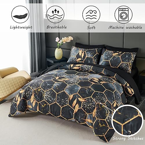 Miniatura 2 de ZRNBAST Juego de edredón negro de panal de abeja de 7 piezas, tamaño matrimonial, juego de ropa de cama hexagonal 100% microfibra, juego de edredón