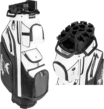 14-Way Golf Cart Bag, Quiet T-Lock Club Protection Organizer | 14 full-length T-Lock dividers, 13 storage pockets, insulated cooler bag, waterproof Oxford fabric, customizable patches