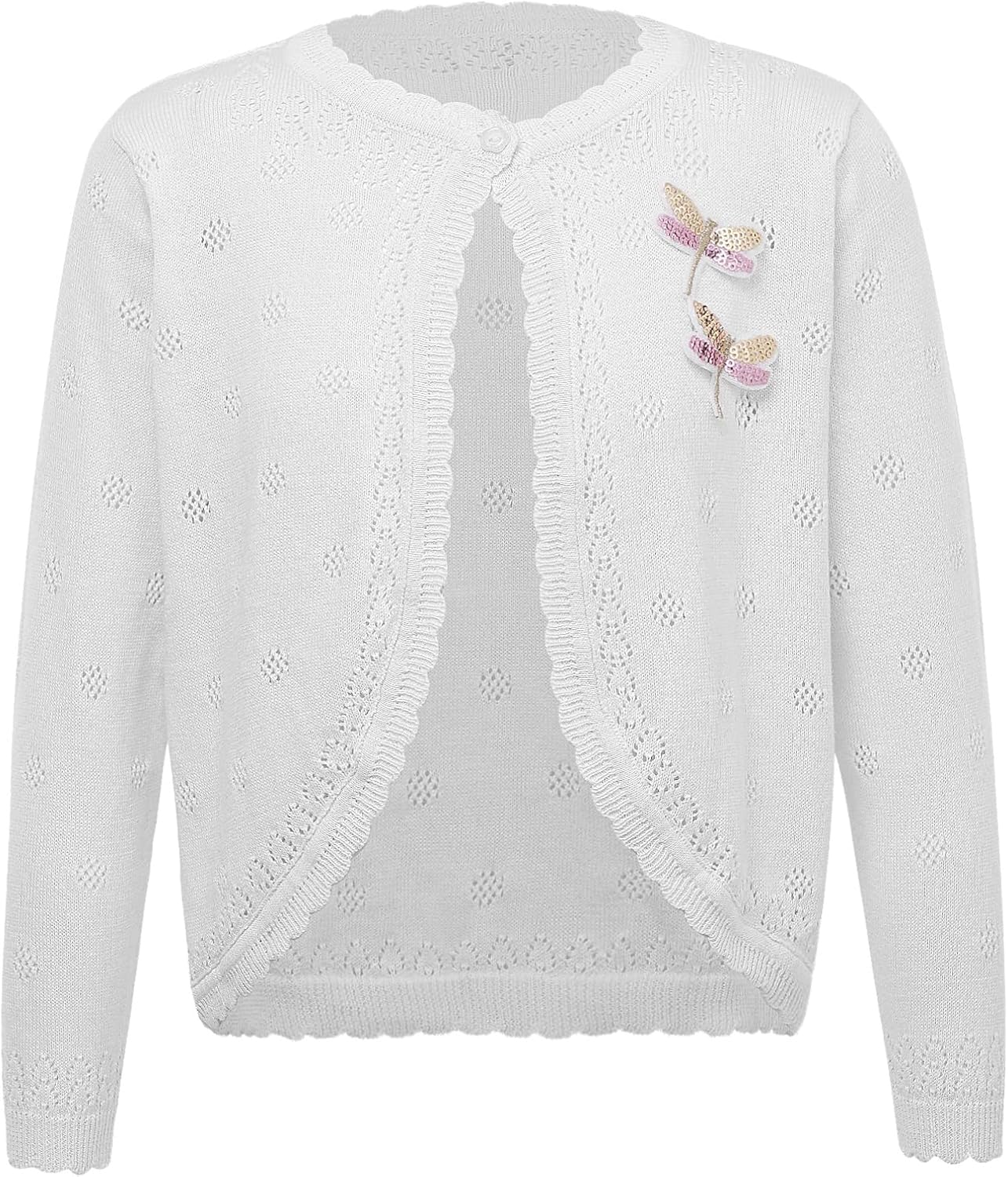 FEESHOW Little Girls Hollow Floral Short Sleeve Bolero Cardigan Shrug Pearl Beads Solid Color Top Cover up Sweater