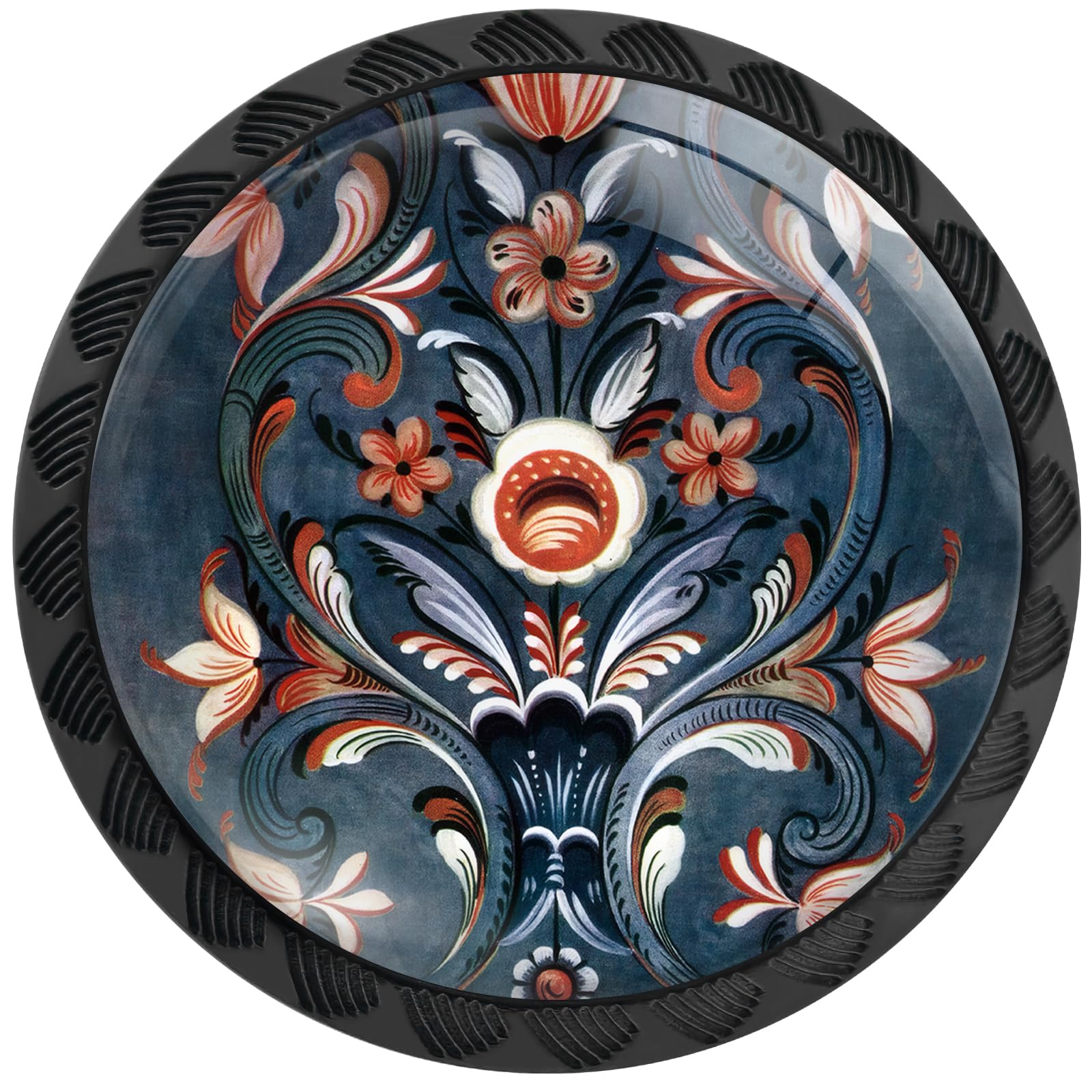 Artinhand 4 Pack Norwegian Rosemaling Folk Style Blue Flower Cabinet Knobs Round Drawer Pulls Black Dresser Knob Cupboard Door Handles Hardware for Kitchen Bathroom Cabinets