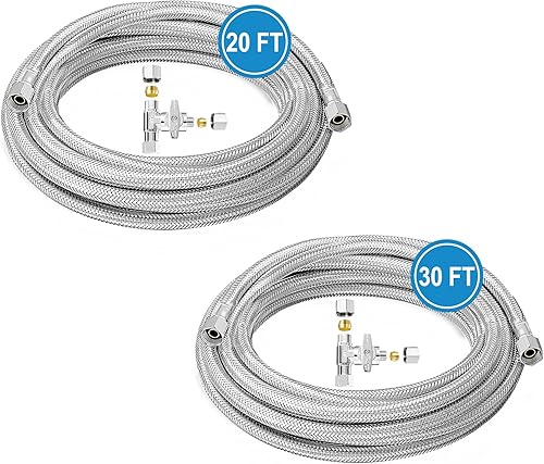 Kit de línea de agua para nevera (2 piezas)  Línea de agua trenzada de acero inoxidable de alta calidad de 20 pies + 30 pies con válvula de tope en