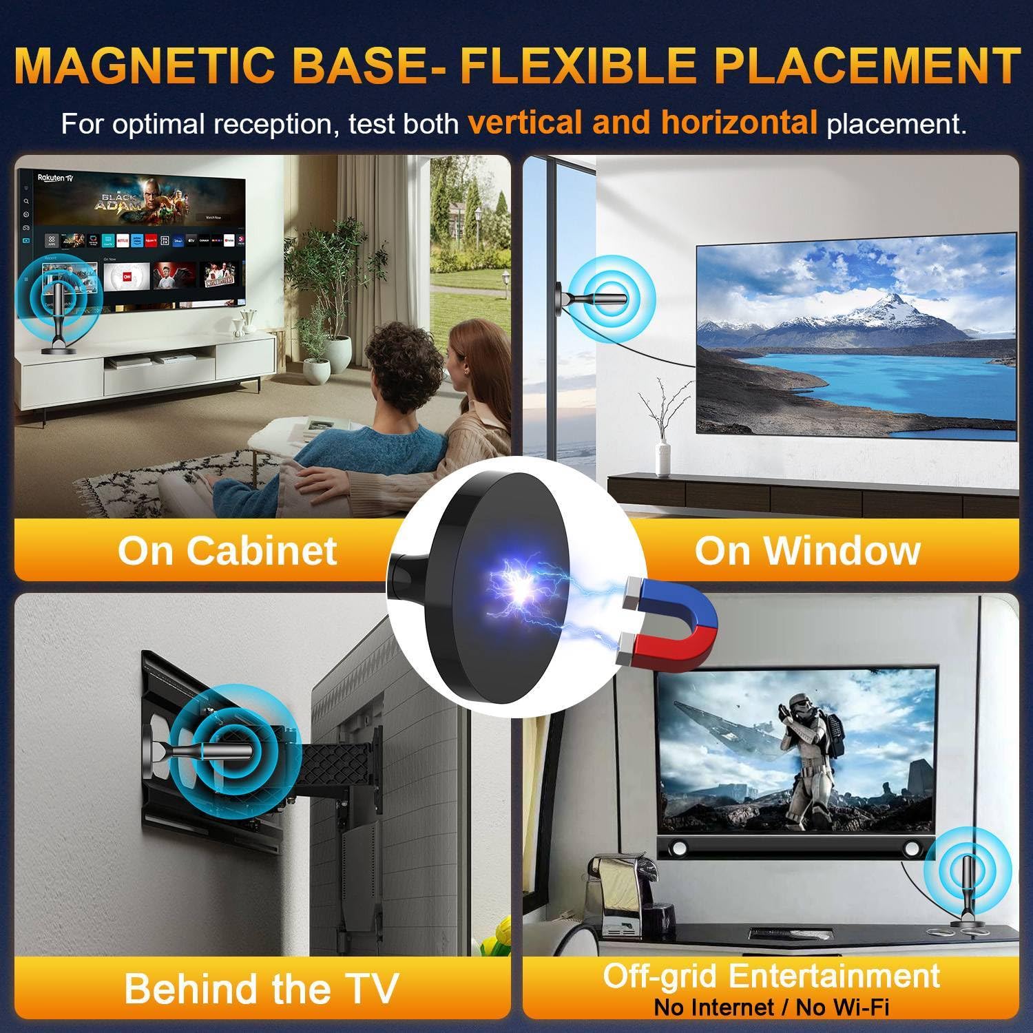 Antenna TV per canali locali interni, antenna TV digitale HD per Smart TV da interni 4K con amplificatore rimovibile e base magnetica, nessun cavo necessario – Cavo da 9,8 m - Adatto per TV con
