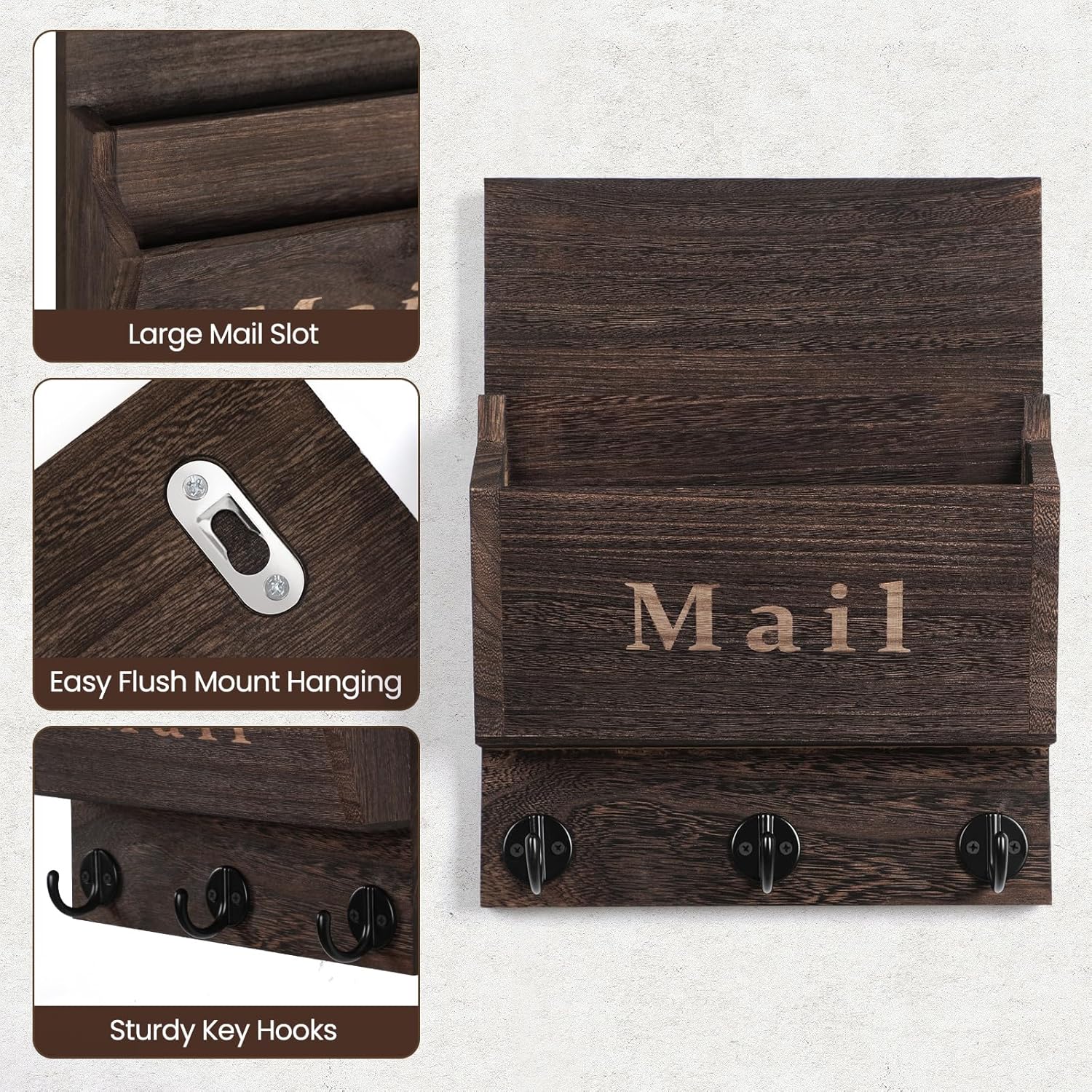 Key Holder Wall Mounted Set (11.81'' Black Key Holder with 5 Hooks & 9.8'' Black Key Holder with 2 Mail Sorters)