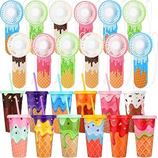 24 Pcs Baseball Ice Cream Drip Party Favors Mini Portable Handheld Fan and 24oz Reusable Plastic Cups with Lids and Straws for Baseball Sport Team Gift Summer Birthday