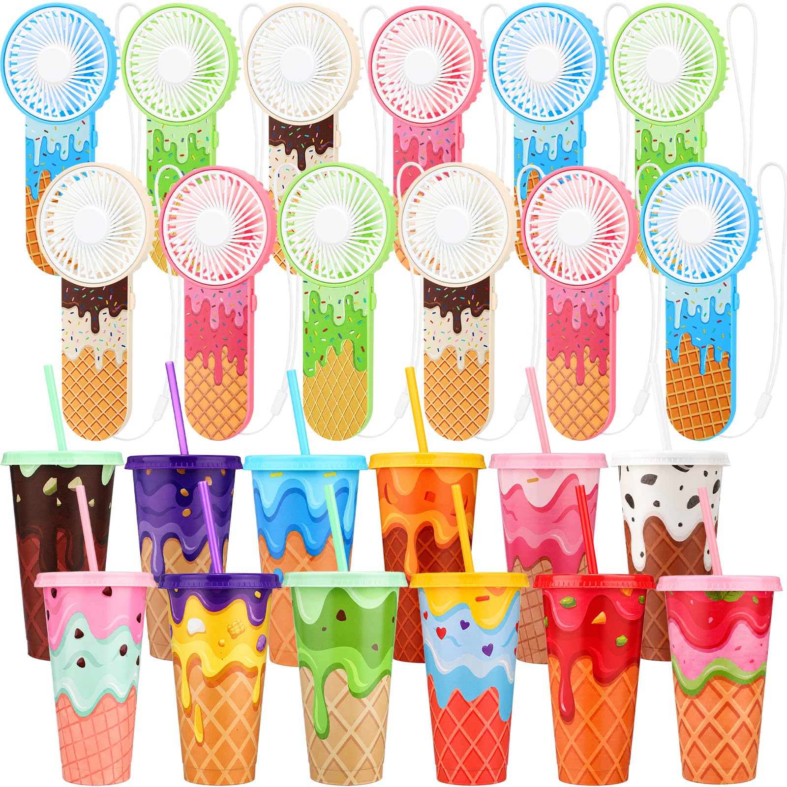 24 Pcs Baseball Ice Cream Drip Party Favors Mini Portable Handheld Fan and 24oz Reusable Plastic Cups with Lids and Straws for Baseball Sport Team Gift Summer Birthday