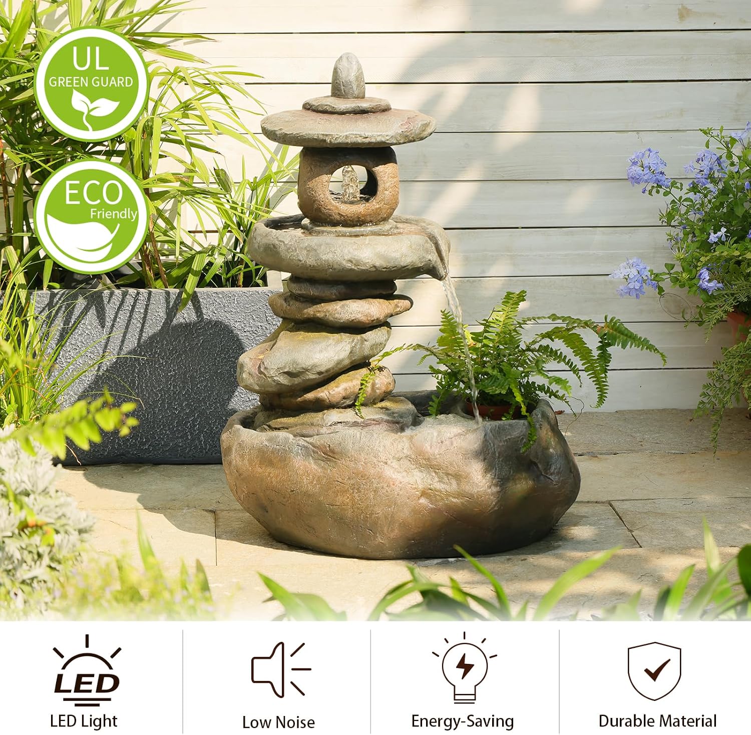 28" H Imitation Rock Pagoda Design Outdoor&Indoor Cascading Water Fountain, Natural Zen Decor Waterfall with LED Lights - Suitable for Garden/Patio/Yard/Deck/Balcony and Home Art Decor （Resin）