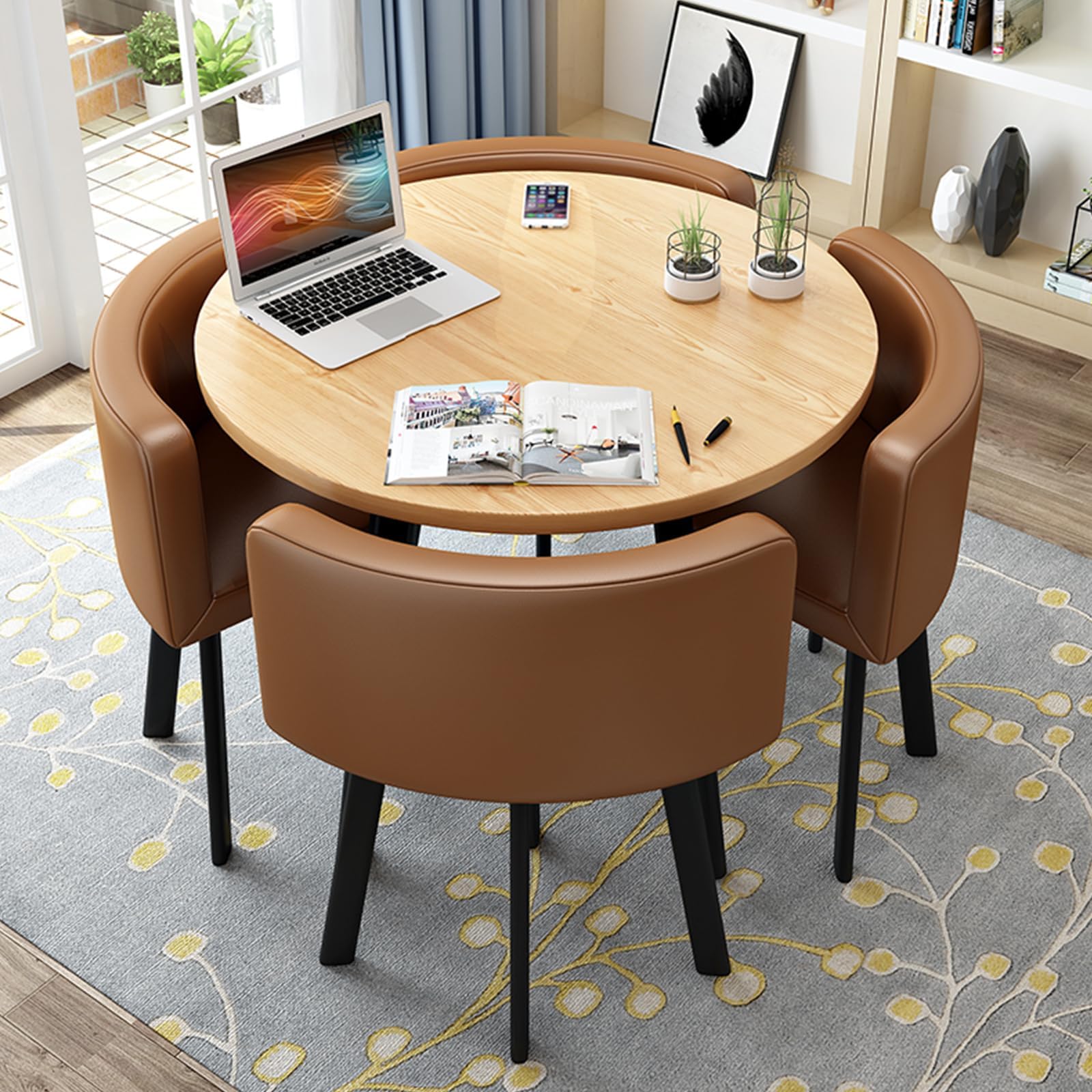 Round Kitchen Dining Table Set for 4, Space Saving Table and Chairs Set with Thick Tabletop 4 Upholstered Chairs, Dinning Room Modern Casual Coffee Table Set(D 31.5inch/80cm, PU Light Coffee)