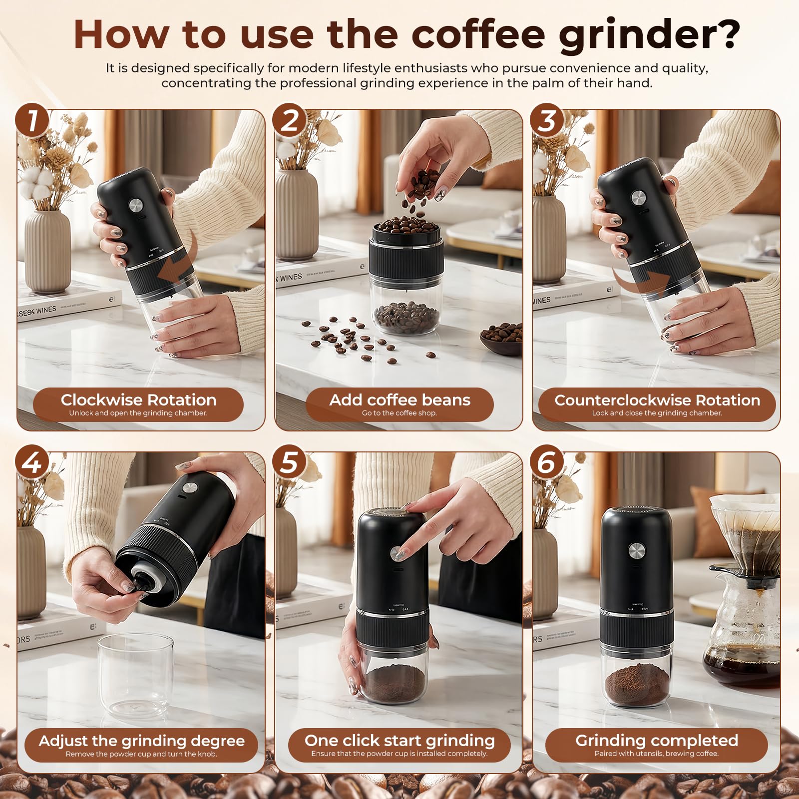 Macinacaffè Elettrico, Coffee Grinder Portatile con Macina Conica in Ceramica, USB Ricaricabile, Macina Caffè Granulometria Regolabile per Semi e Spezie, per Casa, Ufficio, Viaggi e Campeggio
