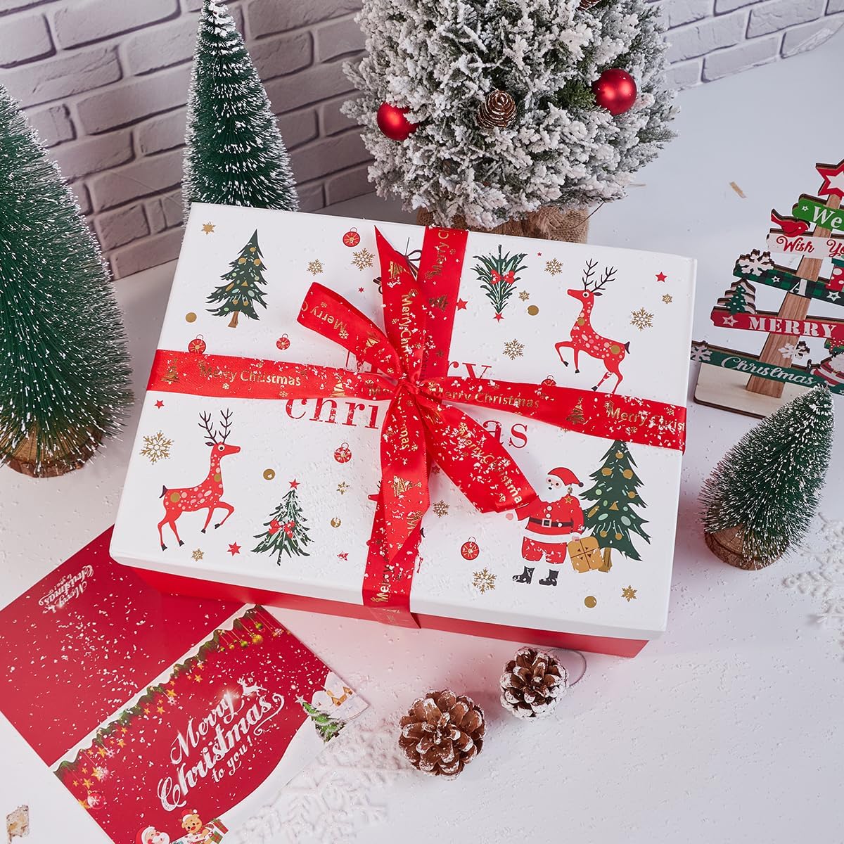 ZJHiome Large Christmas Boxes with Lids for Present,11.3x8.2x4.1In Christmas Boxes for Gifts with Card,Ribbon and Crinkle Paper (White) image 2