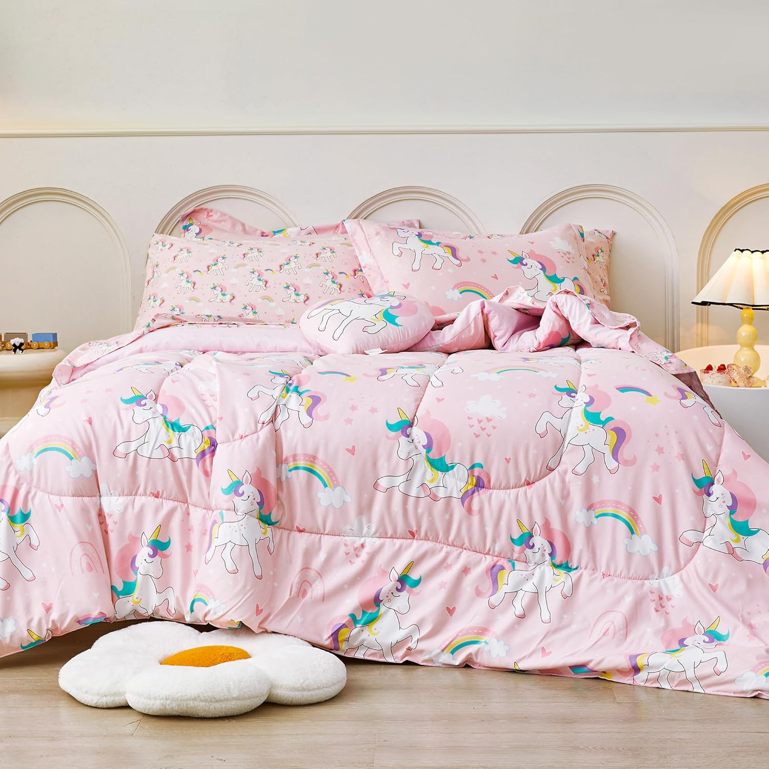 Mooreeke Twin Size Comforter Sets for Girls Kids, 6 Pieces Bed in a Bag Heart Rainbow Unicorn Bedding Comforter Sheet Set with Shams and Decorative Toy Pillow, Ultral Soft Microfiber Kids Bed Set