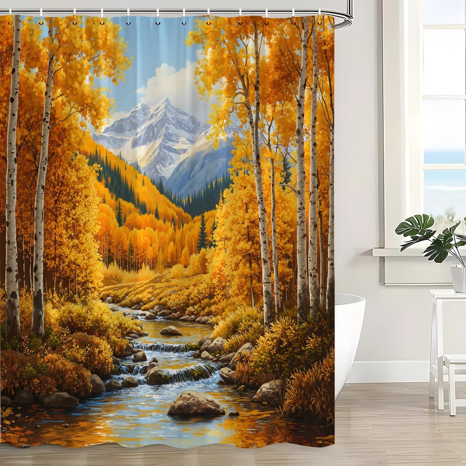 Fall Forest Shower Curtain Waterfall Birch Tree Forest River Orange Yellow Leaves Mountain Autumn Nature Scenic Landscape Harvest Rustic Country Outdoor Fabric Bath Curtain with Hook
