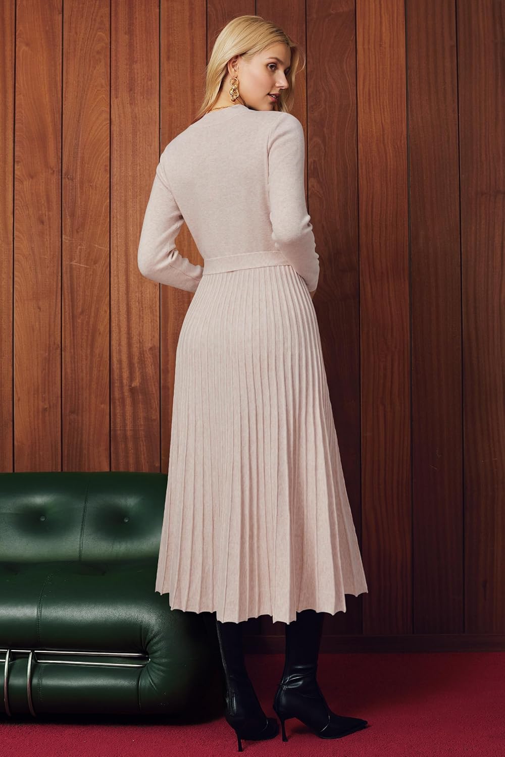 Arach&Cloz Women's Wool Blend Mock Neck Tie Waist Fall Winter Pleated Sweater Dress 2026 - Image 2