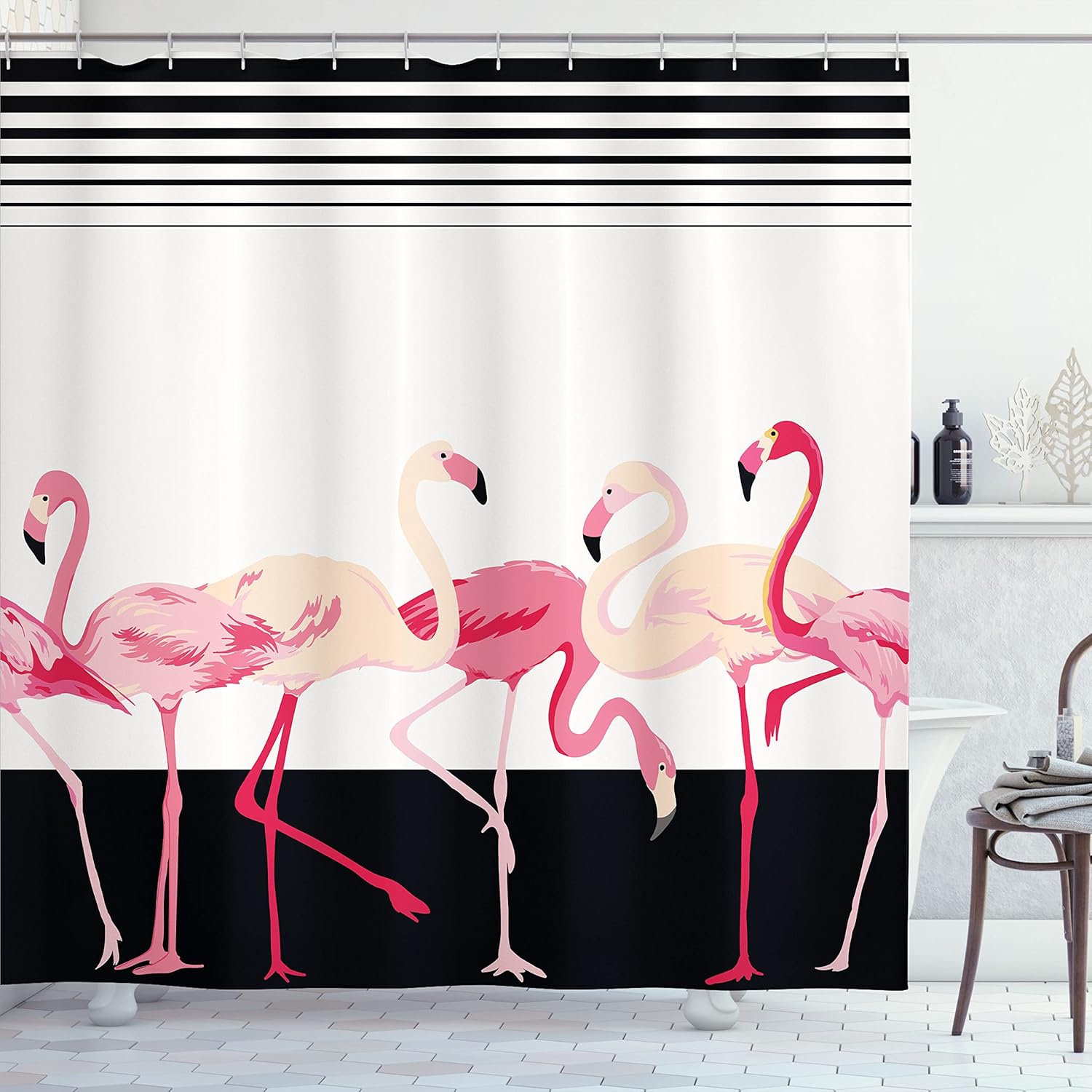 Ambesonne Retro Shower Curtain, Flamingo Birds on Background Stripes Modern Cartoon Illustration Graphic, Cloth Fabric Bathroom Decor Set with Hooks, 69" W x 84" L, Black